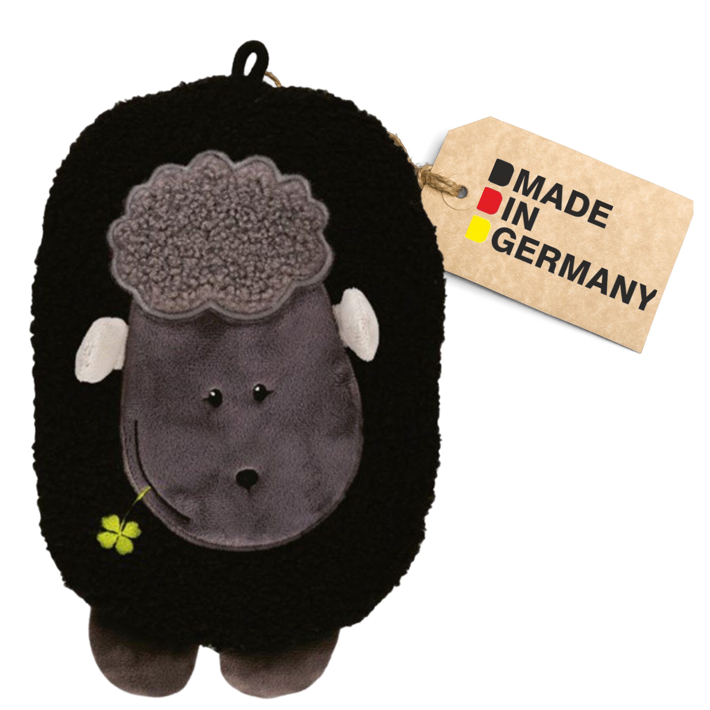 Hugo Frosch Wärmflasche Öko Junior 0,8 l formstabil Made in Germany mit Tierbezug, Flausch Lamm Schwarz - langlebige Bettflasche, waschbarer Überzug