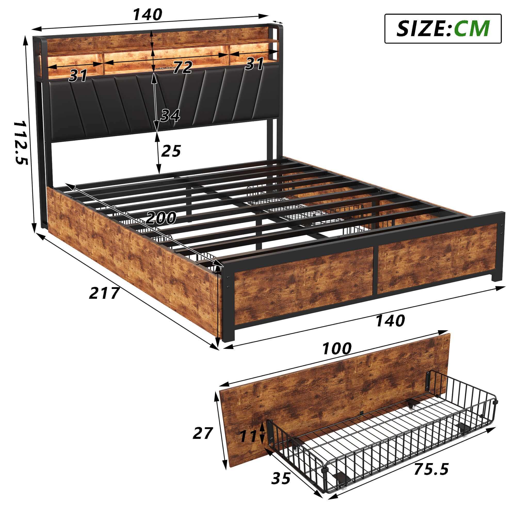 Gdood Polsterbett Stauraumbett LED Doppelbett (1-tlg., inkl. 4 Schubladen), Mit LED-Beleuchtung, Stauraum, Lattenrost, 140x200 cm