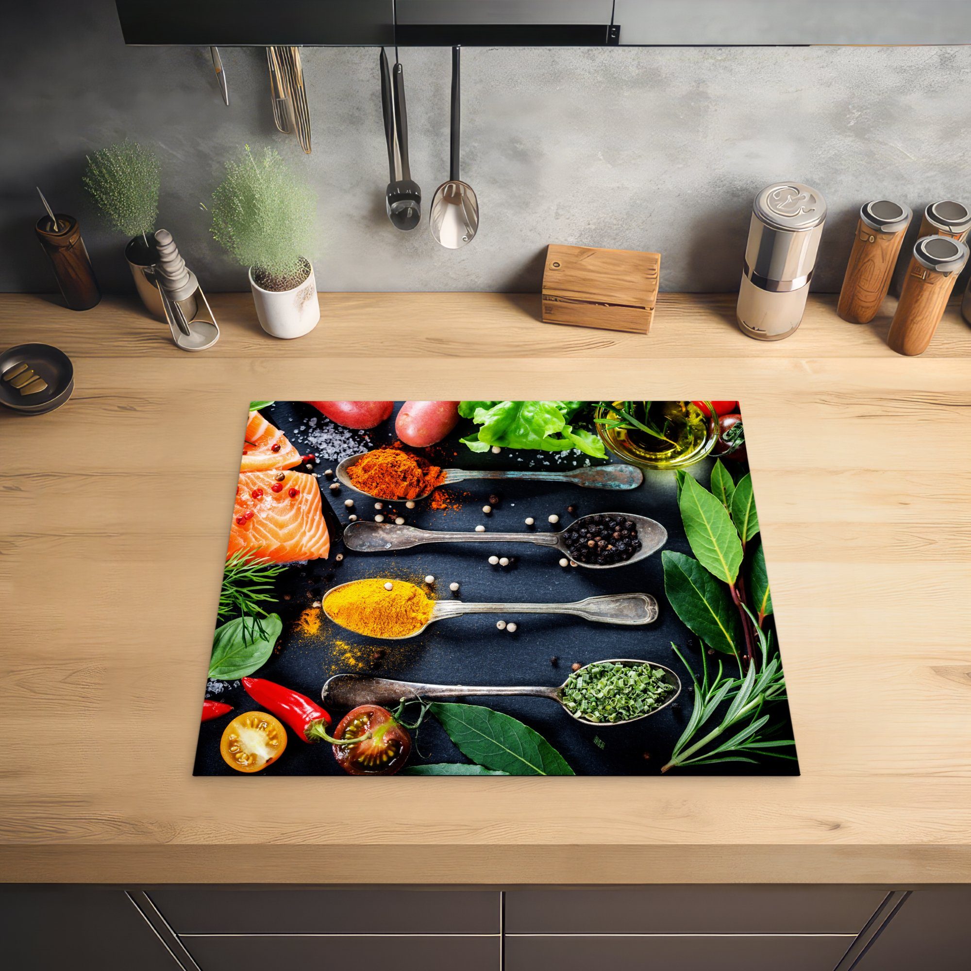 MuchoWow Herd-Abdeckplatte Kräuter - Löffel - Küche - Gewürze, Vinyl, (1 tlg), Cerankochfeld Abdeckung, Herd Abdeckplatten Vinyl, 58.3x51.3 cm
