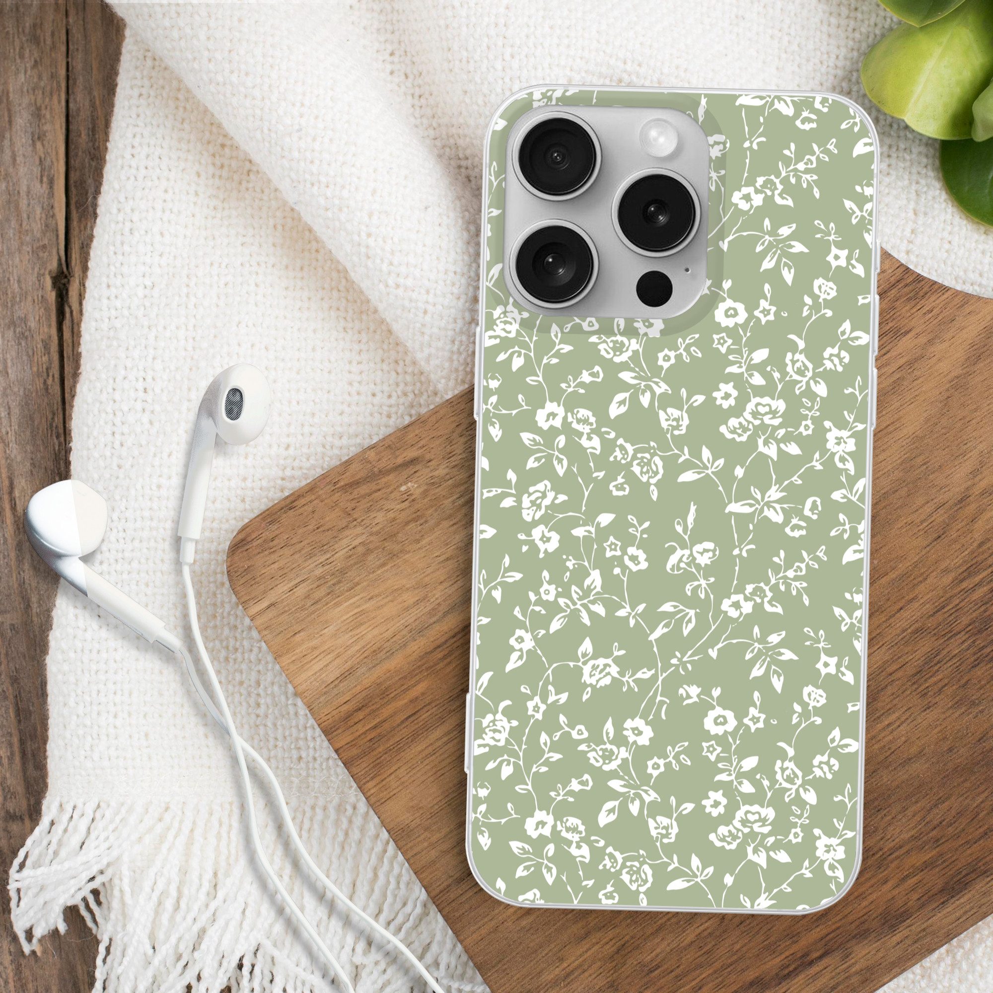 MuchoWow Handyhülle für Apple iPhone 16 Pro Blumen - Druck - Grün - Weiß, Smartphone-Bumper, Print, Handy Schutzhülle Dünn