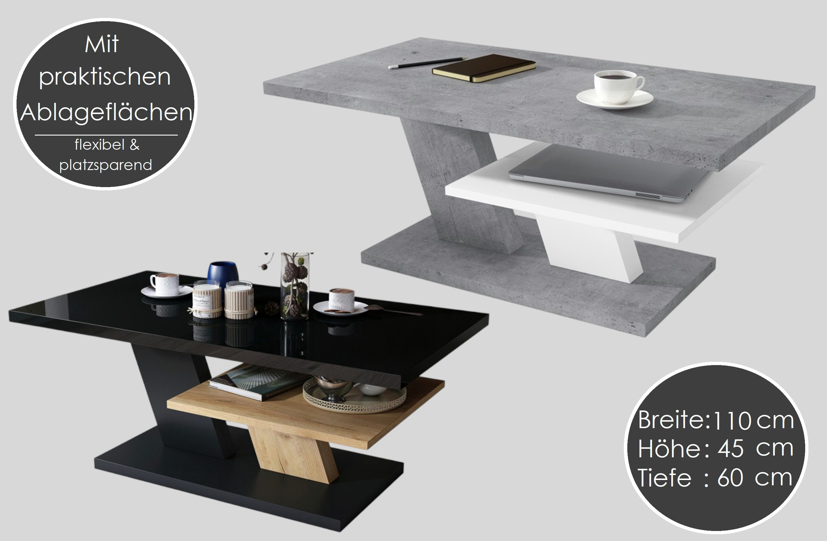 Mazzoni Couchtisch Cliff Weiß Hochglanz / Nussbaum Wohnzimmertisch 110x60x45cm
