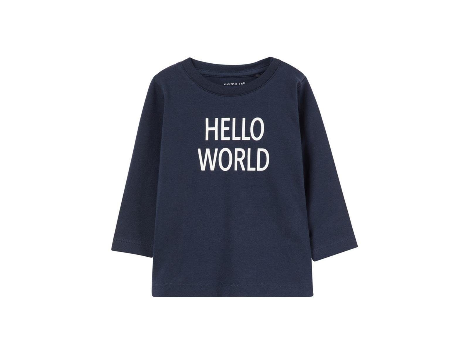 Name It Longsleeve Shirt Schnitt, Frontprint Name mit World" blau It Mädchen (1-tlg) Print sportlicher "Hello