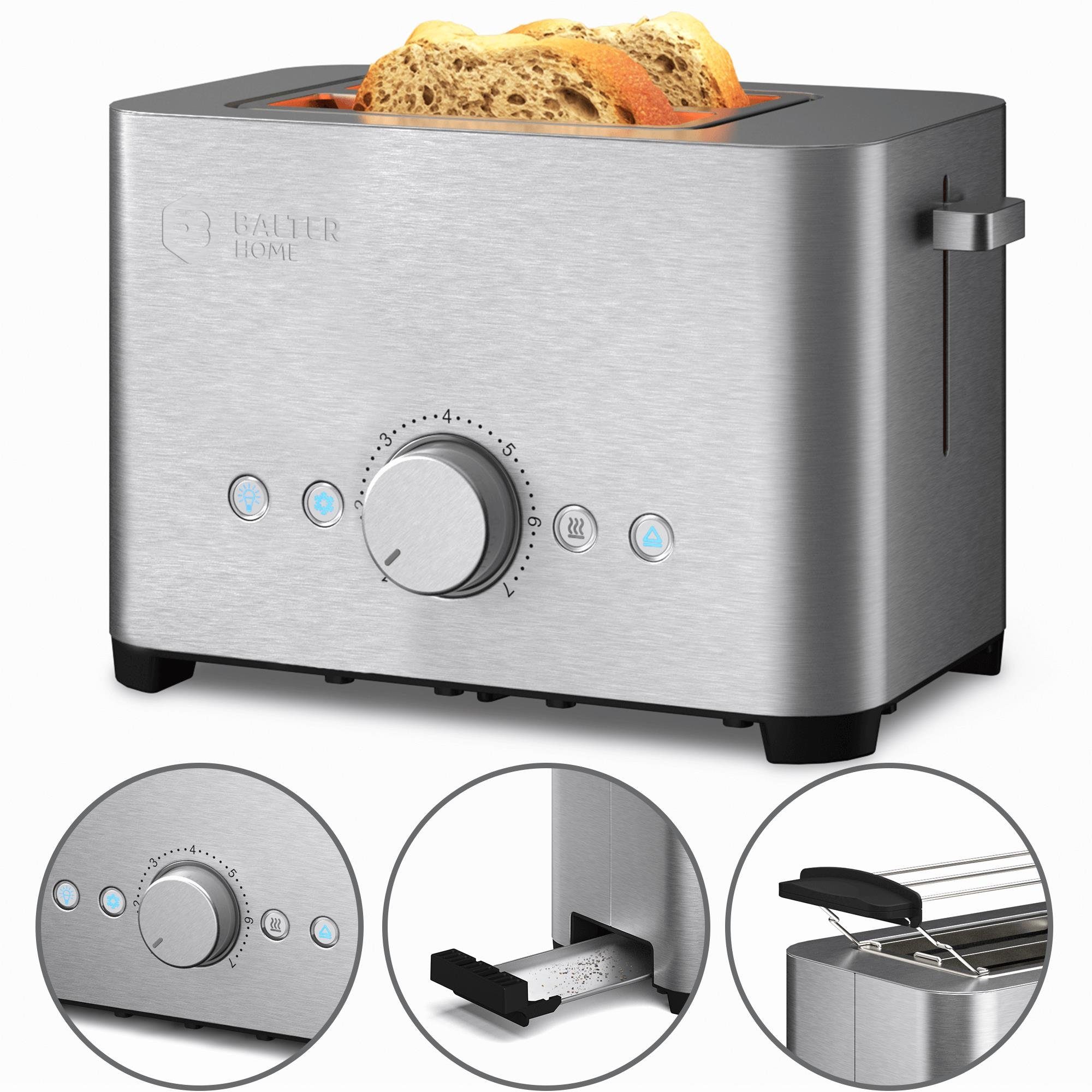 Edelstahl Toaster 2 Scheiben mit Aufwärmfunktion Brötchenaufsatz Krümelschublade 