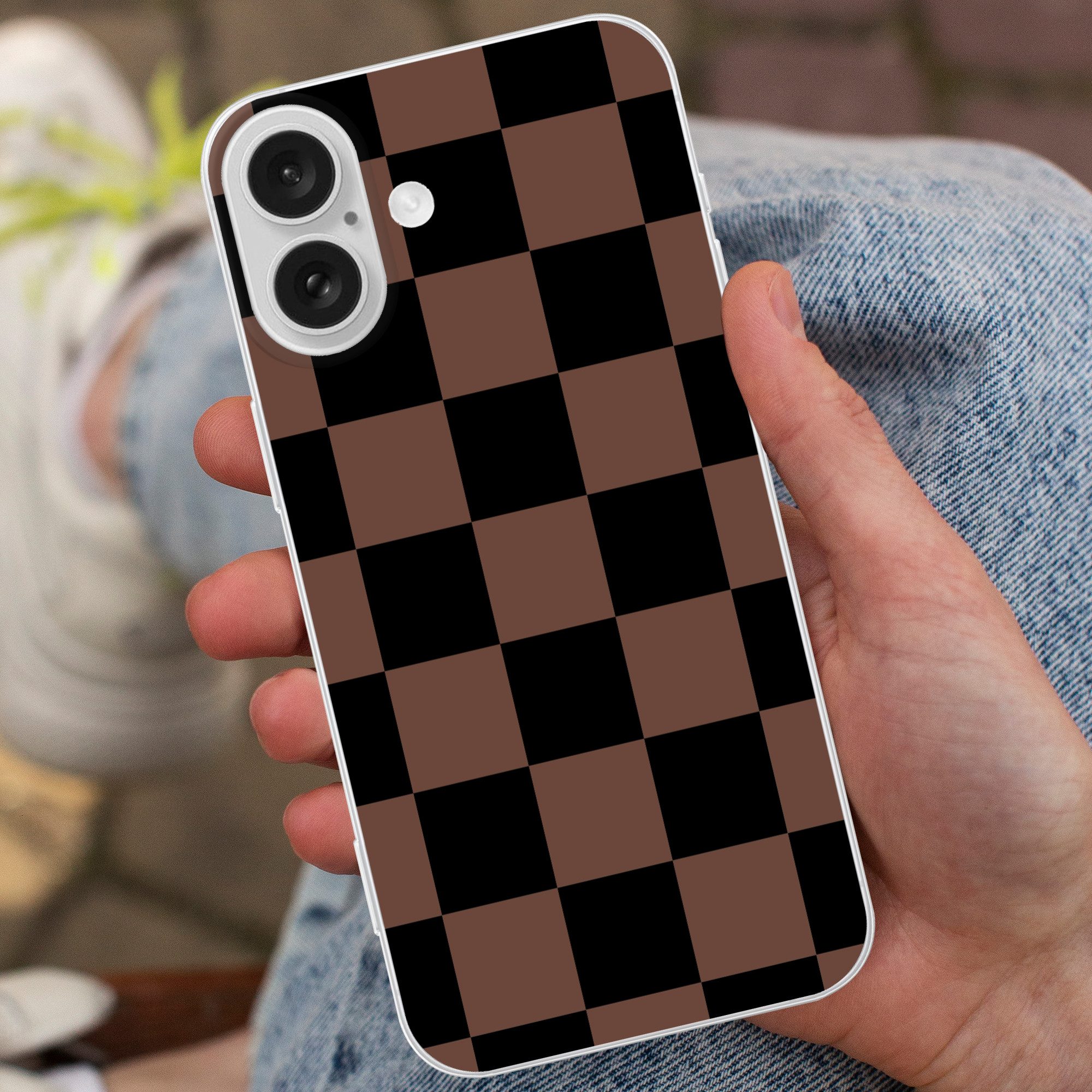 MuchoWow Handyhülle für Apple iPhone 16 Schachbrettmuster - Braun - Schwarz - Blöcke, Smartphone-Bumper, Print, Handy Schutzhülle Dünn
