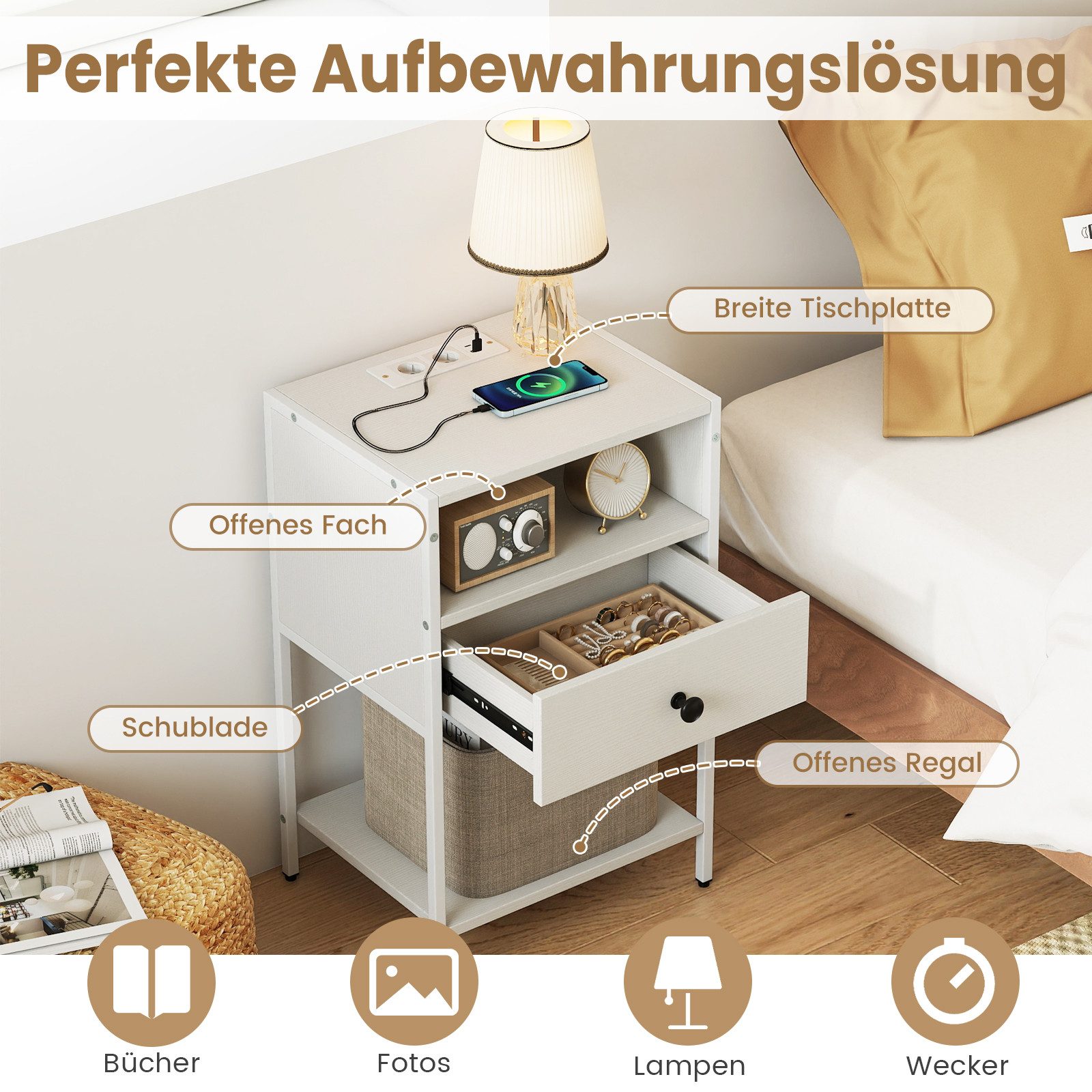 COSTWAY Nachttisch (1-St), Beistelltisch mit Ladestation, Sofatisch mit Schublade