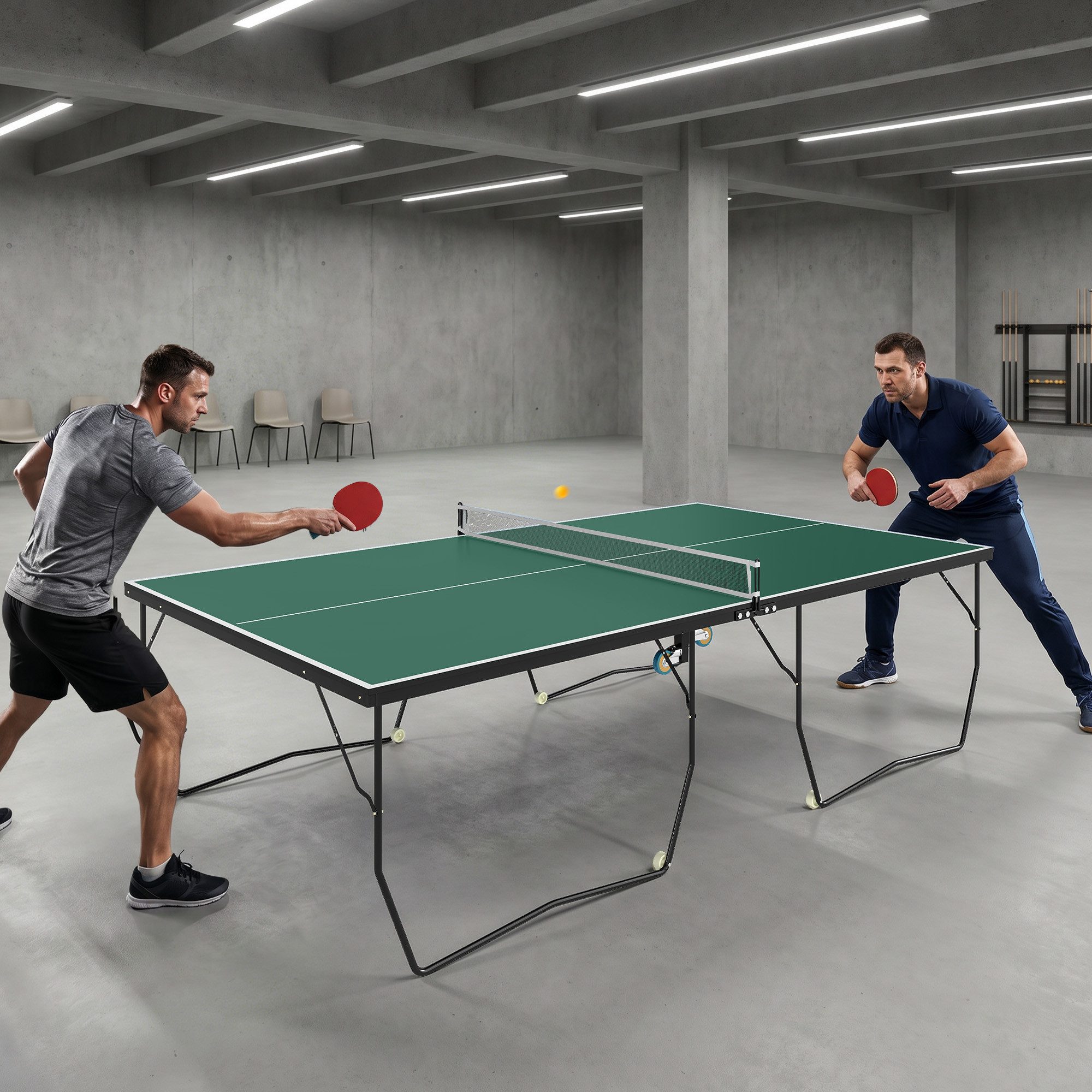 SPORTNOW Tischtennisplatte Große Tischtennistisch mit klappbares Untergestell, Netz, Rollen (Tischtennistisch, 1-tlg., mit Rollen), 274 x 152,5 x 76, Grün
