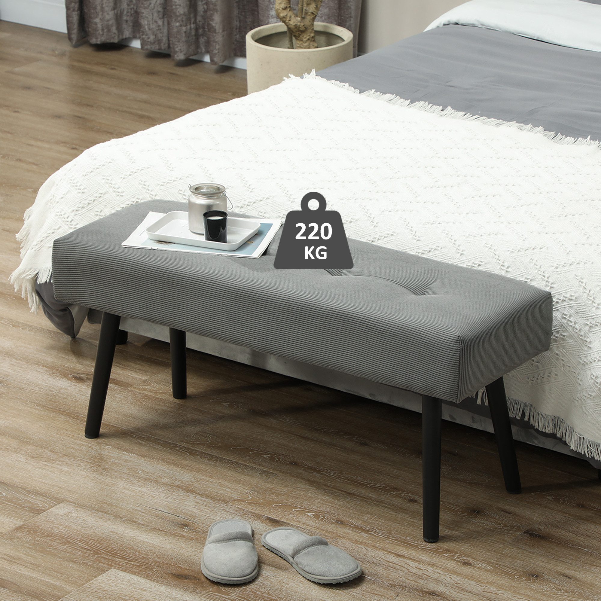 HOMCOM Polsterbank Sitzbank mit Cordbezug, Metallbeinen, Flurmöbel, 220 kg belastbar (Schuhbank, 1-St., getuftete Bettbank), für Schlafzimmer, Wohnzimmer, Flur 100 x 36 x 45 cm Grau