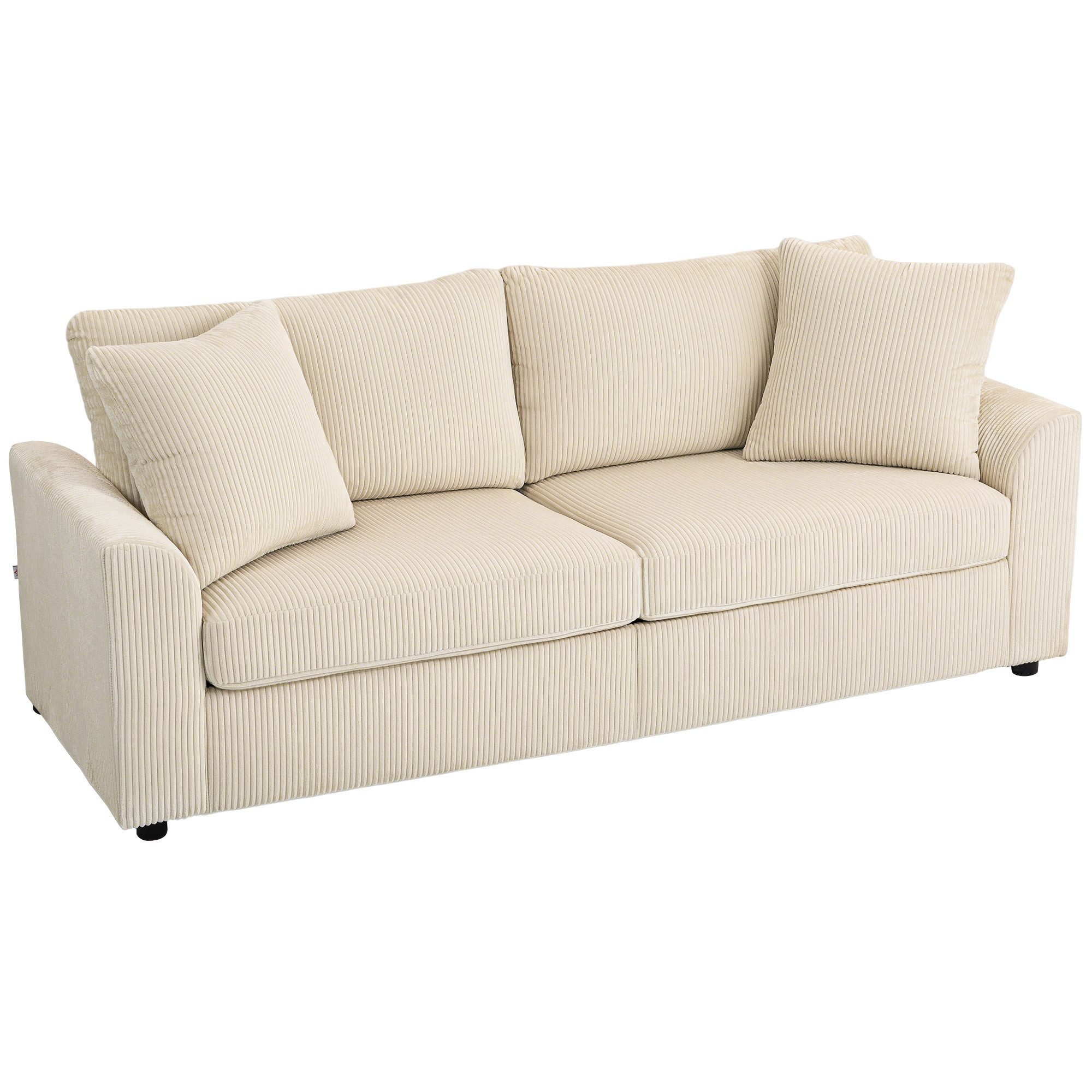 HOMCOM 3-Sitzer Sofa, mit Armlehnen, Zierkissen, Polstersofa mit Cordbezug, Couch 1 Teile, für Wohnzimmer, Schlafzimmer, Cremeweiß