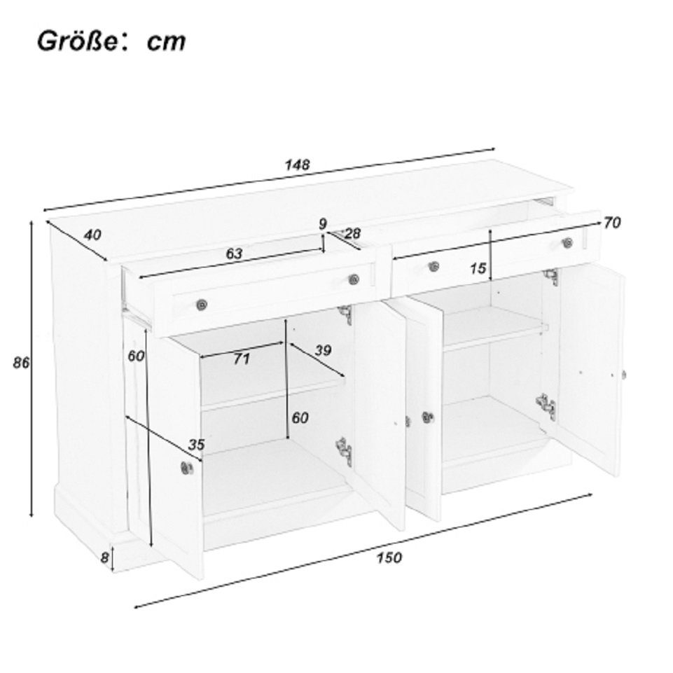 Schubladen, Großes und (L/B/H), 2 Anrichte Küchenschrank moderner Esszimmer mit 40 Buffetschrank cm 4 Türen x (150 für 86 x Wohnzimmer) und WISHDOR natur Sideboard
