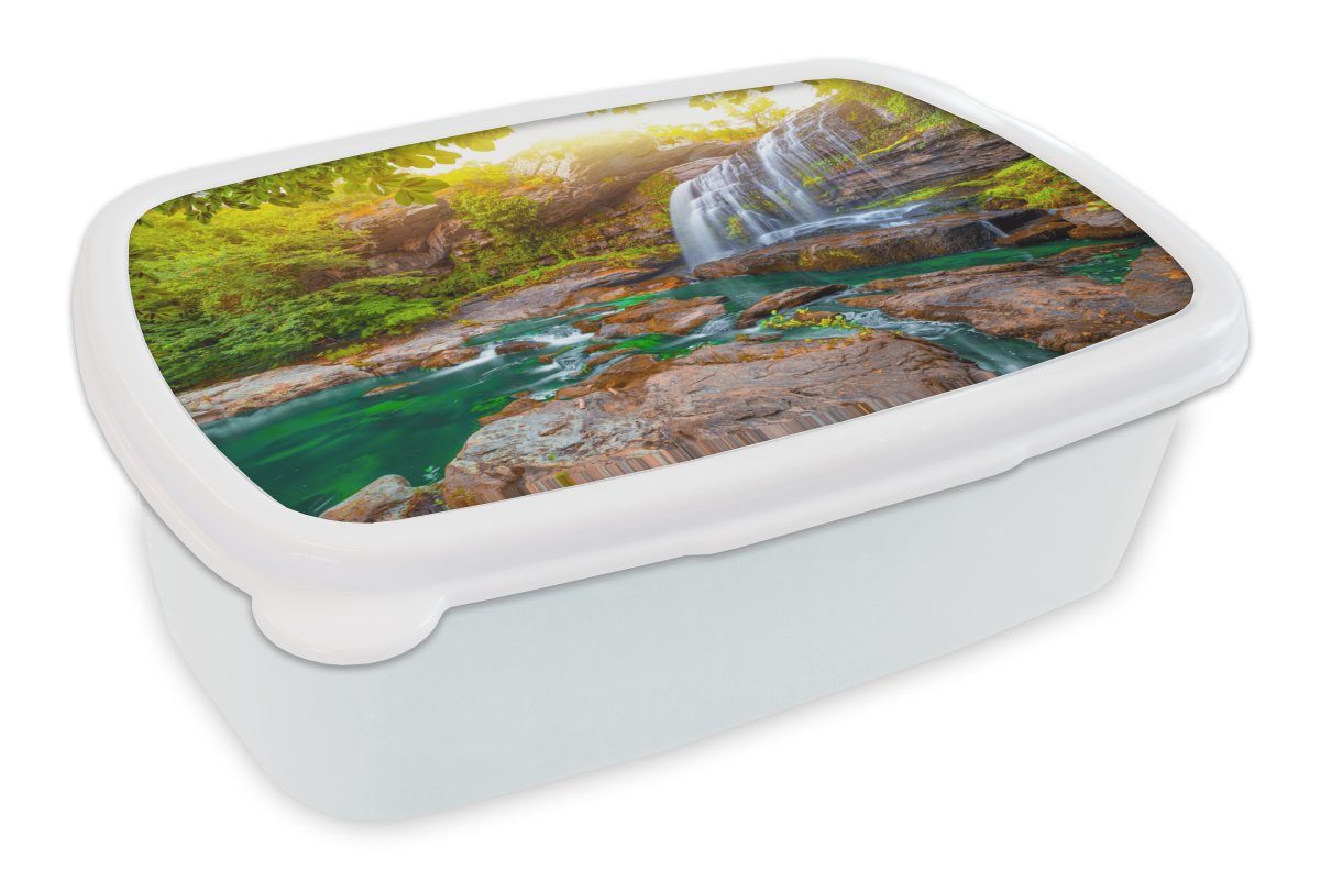 MuchoWow Lunchbox Natur - Wasserfall - Pflanzen - Bäume - Sonne, Kunststoff, (2-tlg), Brotbox für Kinder und Erwachsene, Brotdose, für Jungs und Mädchen weiß