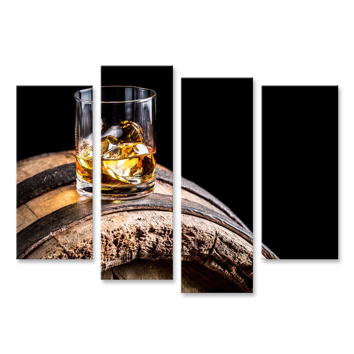 Leinwandbild Bild auf Leinwand Glas Whisky Eis Altes Holzfass Isoliert Schwarzer Hi