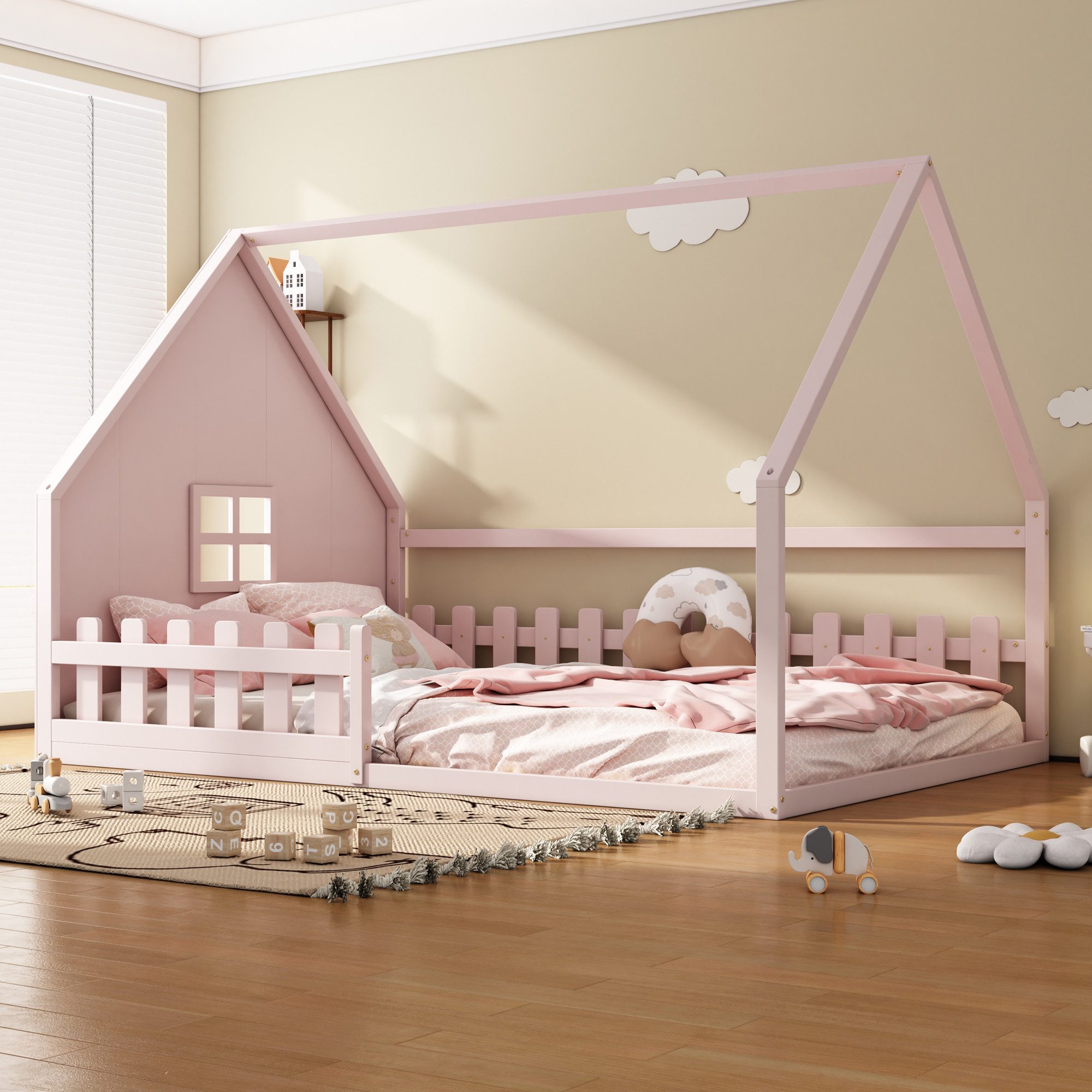 Flieks Massivholzbett, Kinderbett Hausbett Doppelbett 140x200cm günstig online kaufen