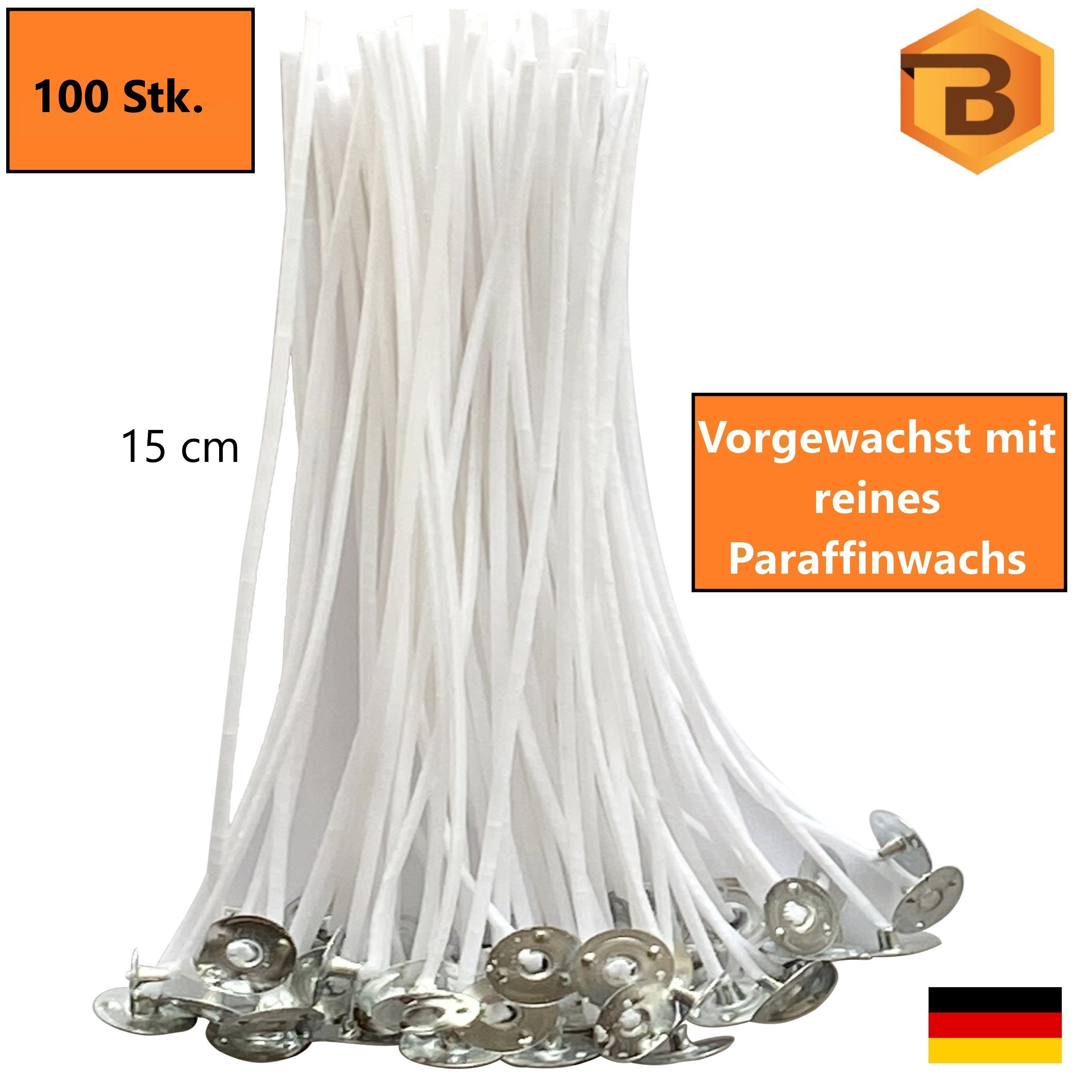 Bienenbiya Kerzenhalter Kerzendochte 100 Stk. 15 cm lang mit Metallfuß (100% natürlich aus Baumwolle, 100 St., Candle Wick, Runddocht, Teelichtdochte für DIY Kerzenherstellung), Rauchfrei, ohne gefährliche Stoffe