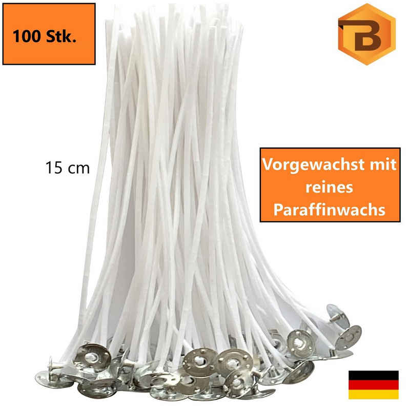 Bienenbiya Kerzenhalter Kerzendochte 100 Stk. 15 cm lang mit Metallfuß (100% natürlich aus Baumwolle, 100 St., Candle Wick, Runddocht, Teelichtdochte für DIY Kerzenherstellung), Rauchfrei, ohne gefährliche Stoffe