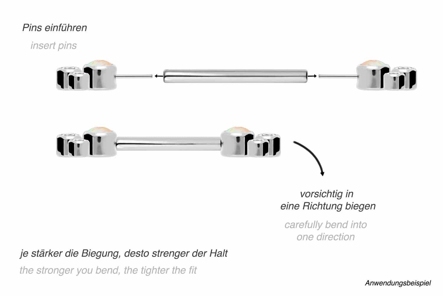 PIERCINGLINE Brustwarzenpiercing Titan Barbell mit Push Fit SYNTHETISCHER OPAL + 3 KRISTALLE (Barbells, 1-tlg)