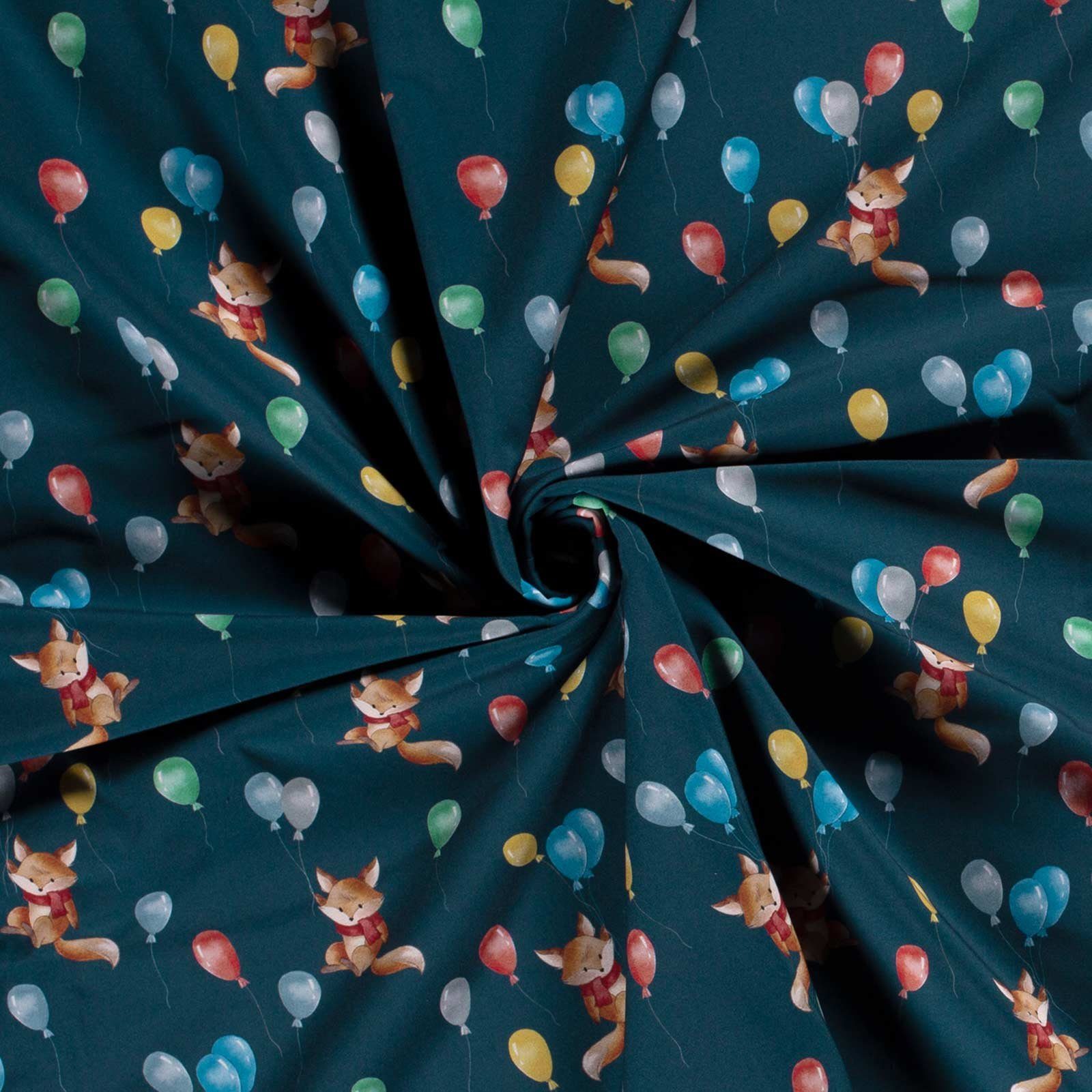 maDDma Stoff Softshell-Stoff mit Kindermotiven Outdoorstoff ab 0,5m Meterware, Fuchs mit Luftballons marineblau