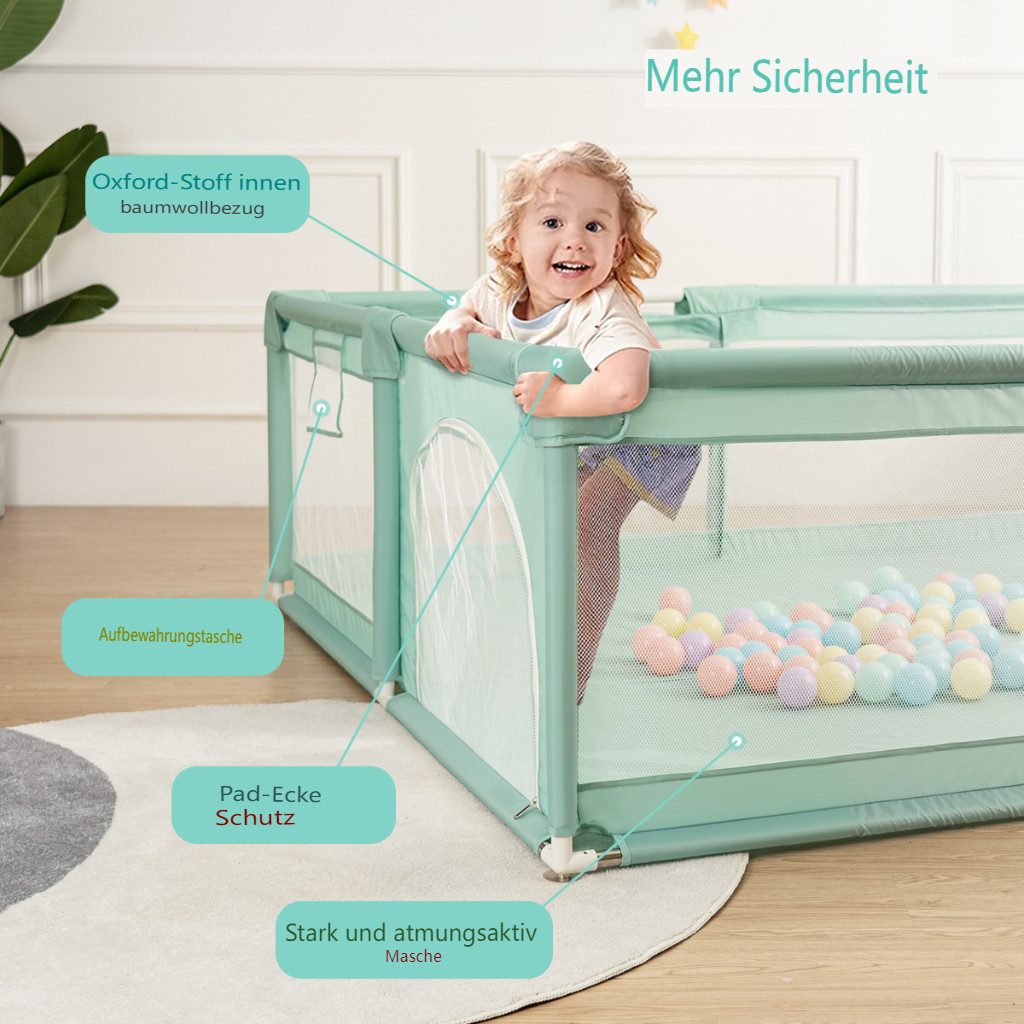 Comomy Laufgitter (Laufstall Baby Spielzaun 200x160cm), mit Ozeanbälle, Basketballkorb, Tragetasche