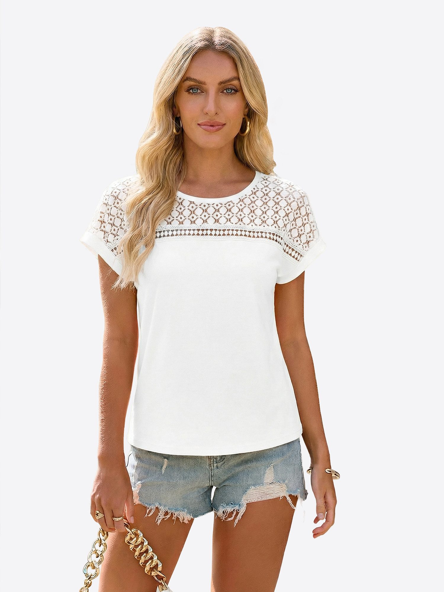 Imily Bela T-Shirt Damen Freizeit Bluse mit Spitze (Packung, 1-tlg., 1per-Pack) Ausgeschnittene Elemente