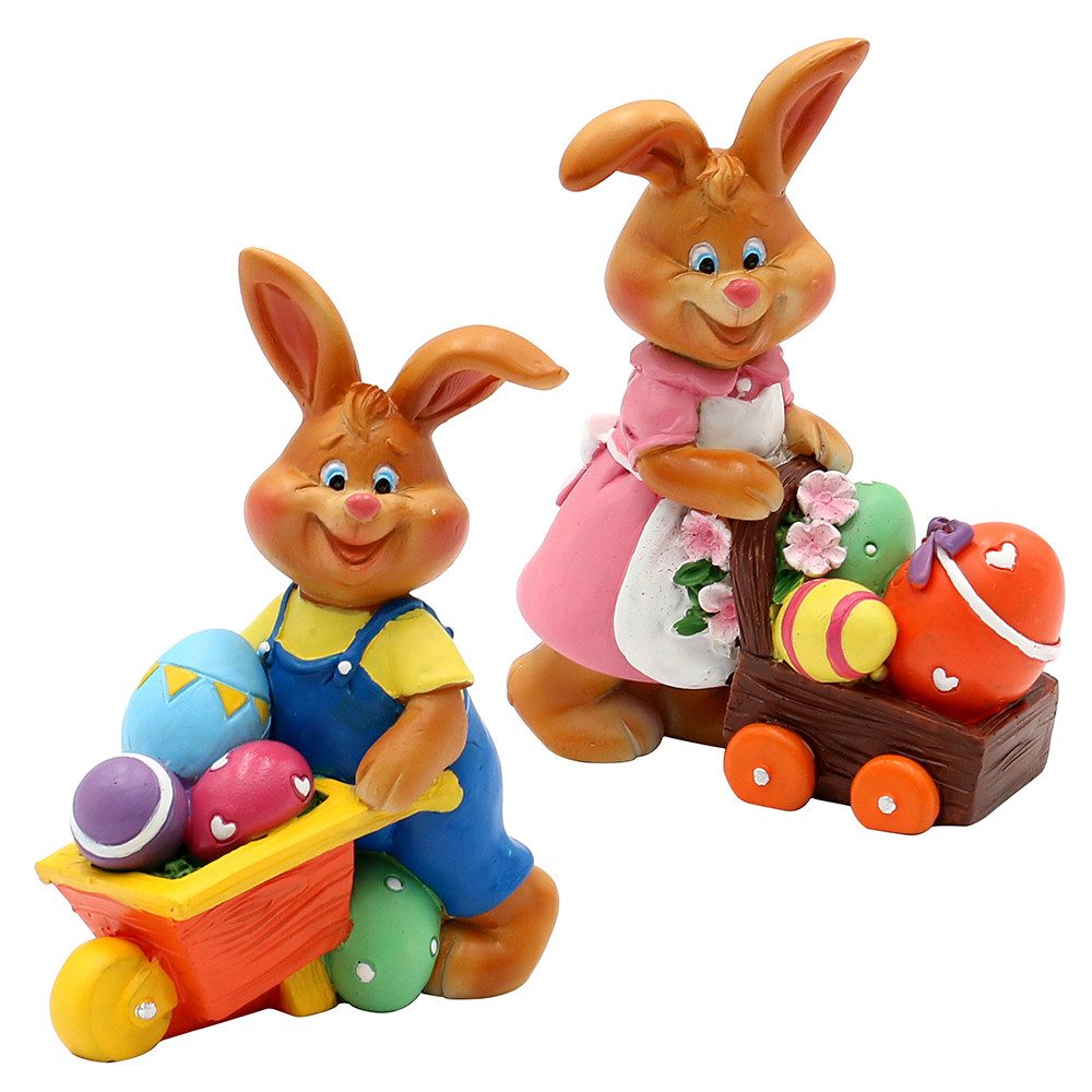Dekohelden24 Osterfigur Osterhasen in verschiedenen Varianten (2 St), Niedliche Hasen mit Schubkarren voller Eier, ideal für Osterdekoration