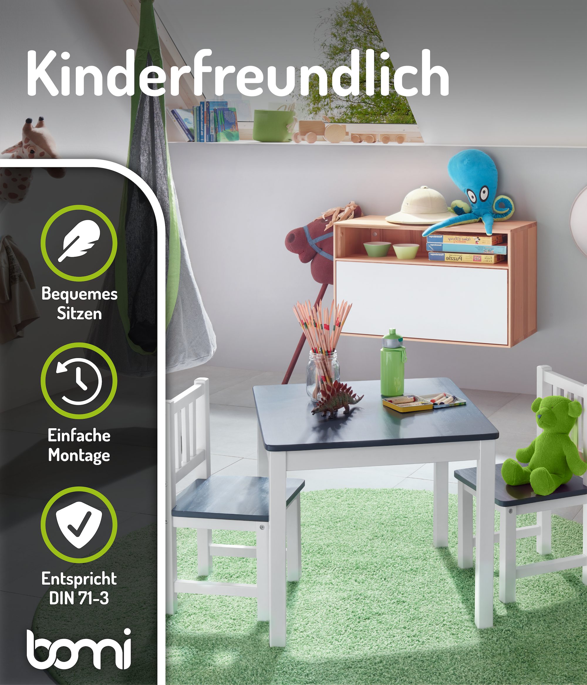 BOMI Kindersitzgruppe Holzsitzgruppe Amy, (Set, 3-tlg., oder 5 tlg. erhältlich), Kindertischgruppe, Tisch & Stühle Kinderzimmer, als Spiel- & Maltisch – Bild 5 von 5