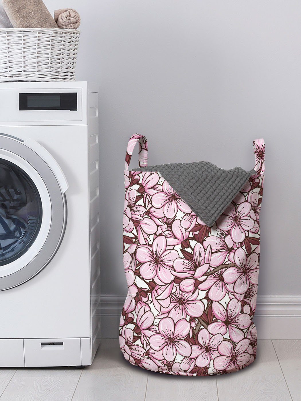 Wäschesäckchen für Japan mit Kirschblumen Waschsalons, Abakuhaus Mandelblüte Kordelzugverschluss Griffen Wäschekorb
