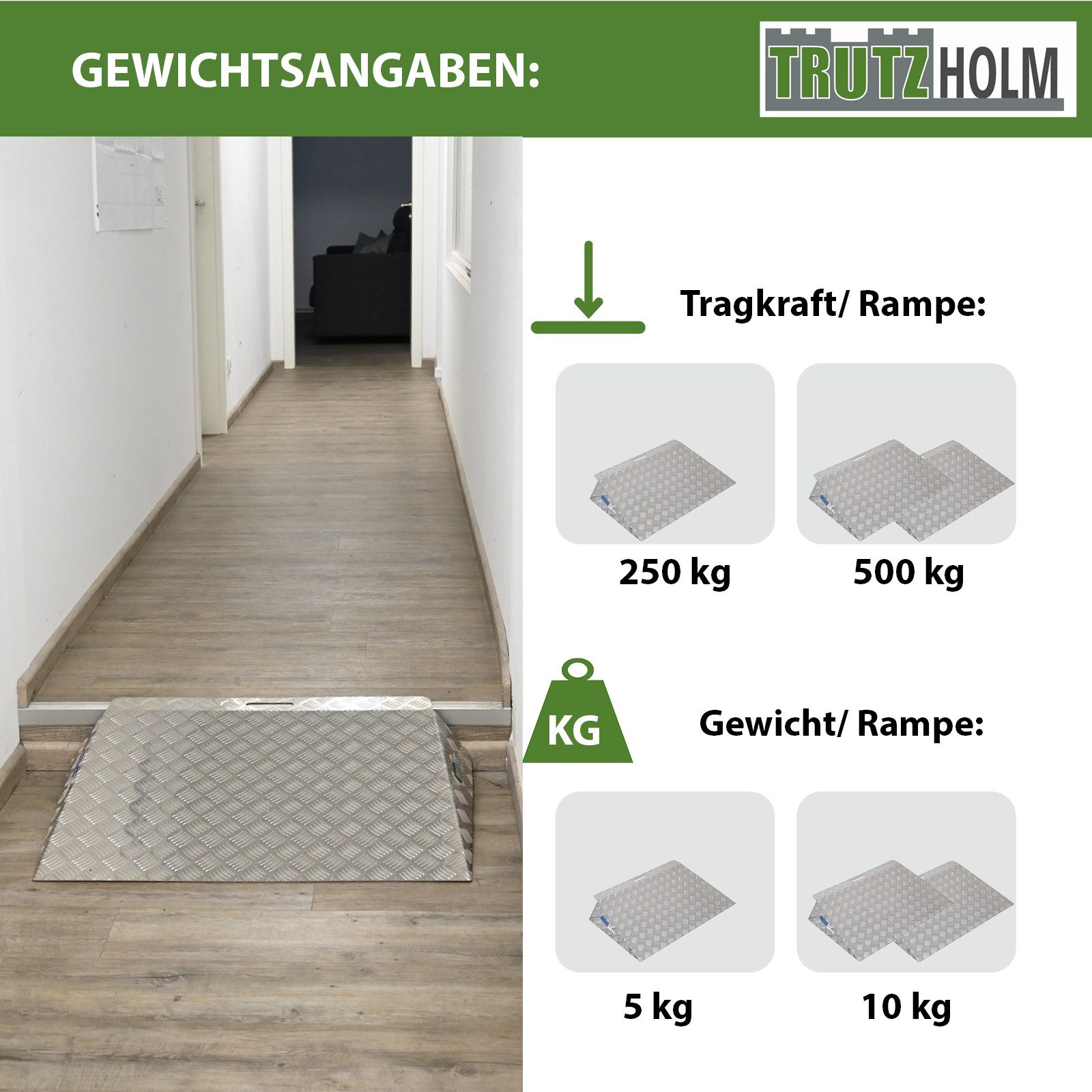 TRUTZHOLM Auffahrrampe Türschwellenrampe ca. 10 cm Höhe 60 cm Traglast 250 kg Aluminium grau (Stück, 1-St), Hohe Traglast, rutschfeste Oberfläche
