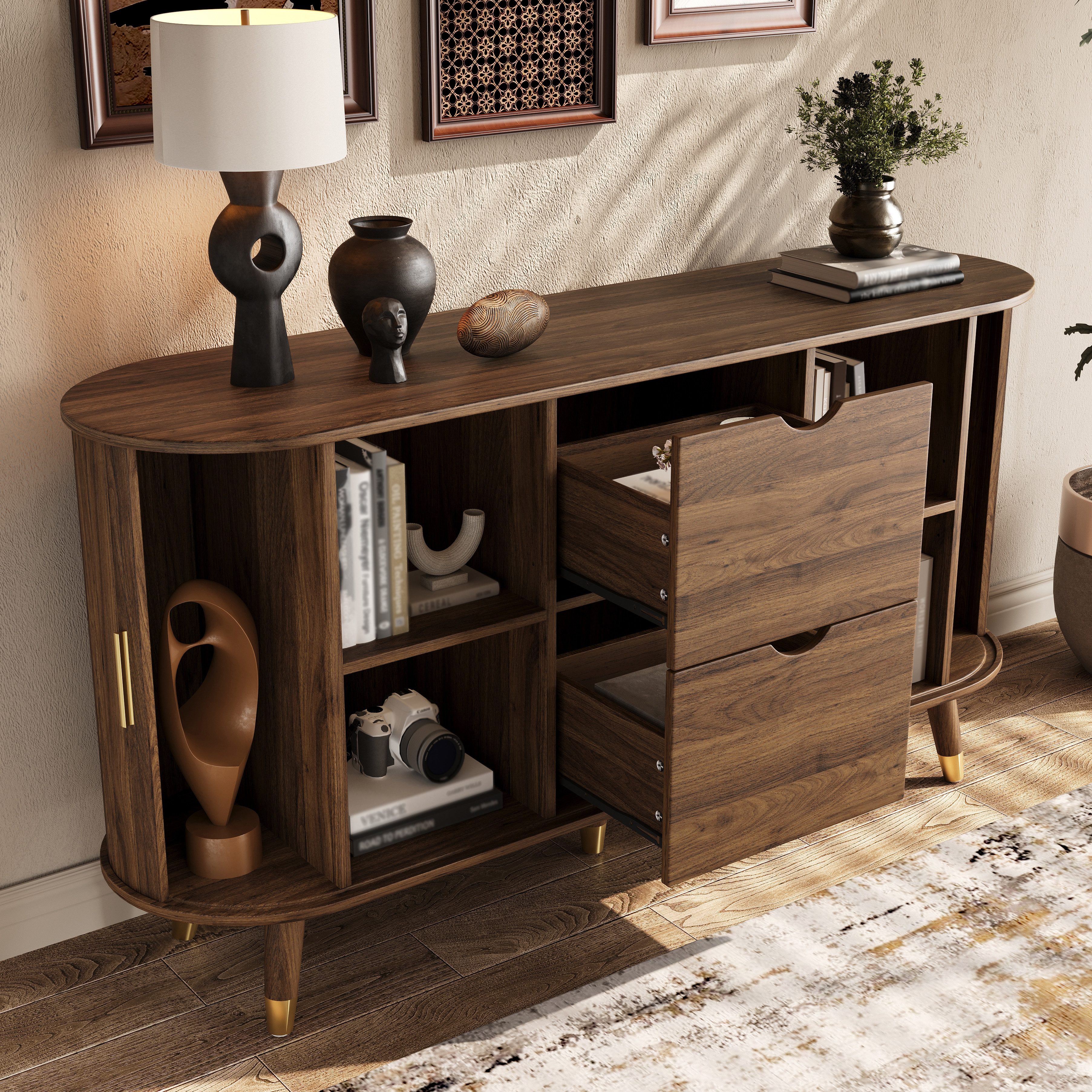 REDOM Sideboard 140x79,5x40 cm mit vertikaler Maserung (Packung, 1 St., Abgerundeter Eckschrank fürs Wohnzimmer), Zwei Schiebetüren & Schubladen, Massivholzbeine