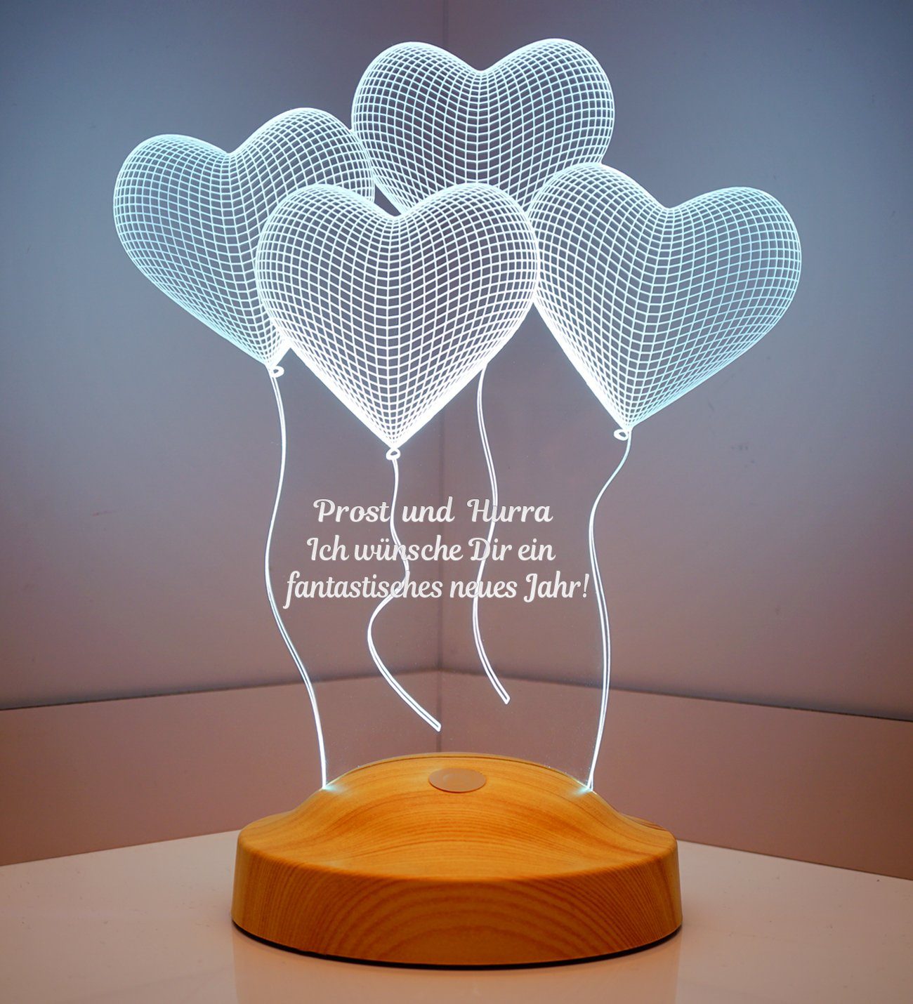 Geschenkelampe LED Nachttischlampe Vier Herzen Neues Jahr 3D mehrfarbige Nachtlicht, Leuchte 7 Farben fest integriert, Silvester Geschenk für Freunde, Kollege