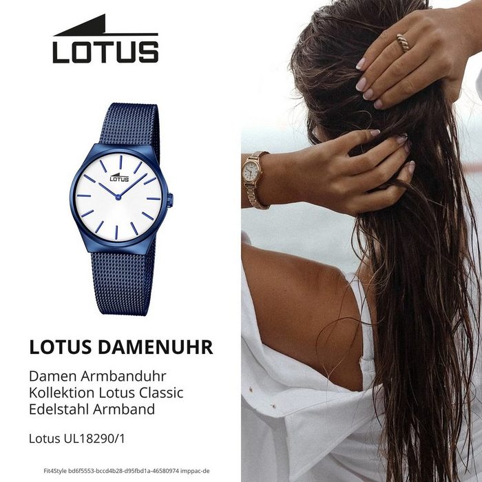 Lotus Quarzuhr Lotus Damen Uhr Elegant L18290/1 (Armbanduhr) Damen Armbanduhr tonneau rund Edelstahlarmband blau QN10302