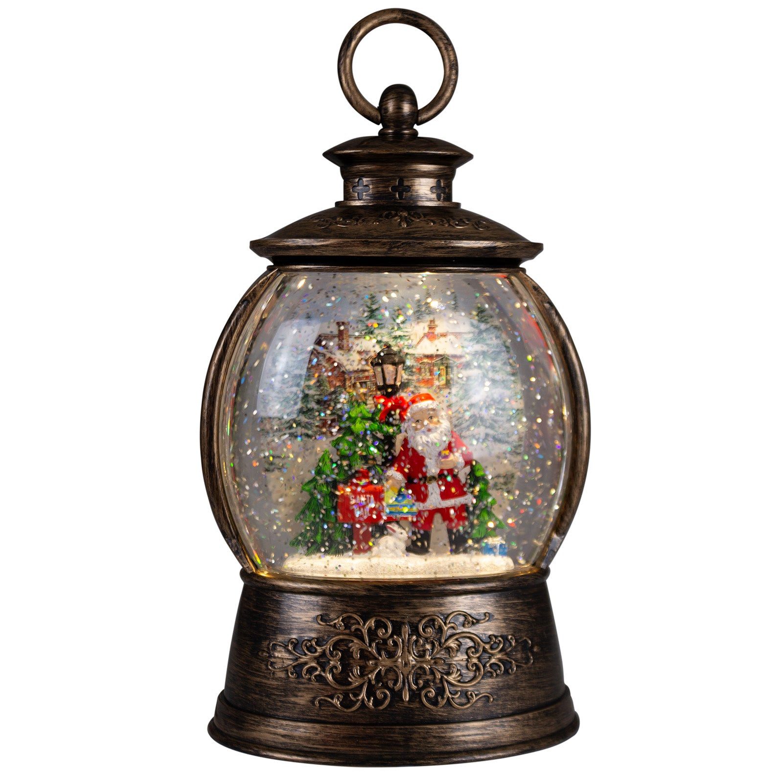 Christmas Paradise LED Laterne Schneelaterne 24 cm mit Weihnachtsmann, zuschaltbare Weihnachtsmusik, LED, warmweiß, schneit im Inneren, bunt-bronze