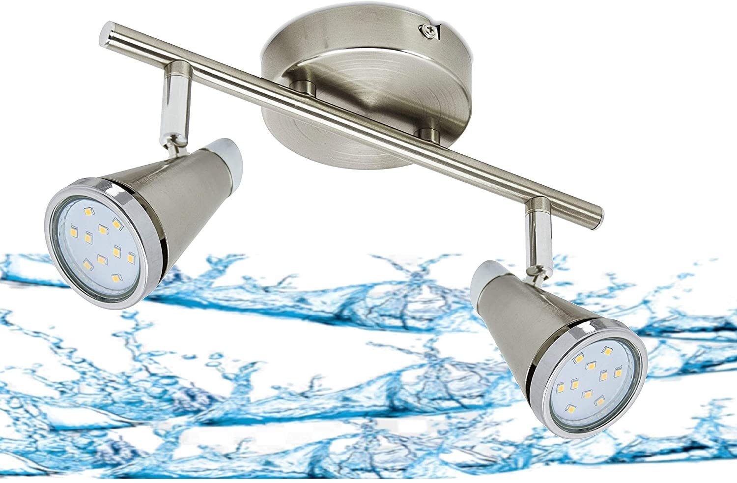 TRANGO LED Deckenstrahler, 2-flammig 1009-22 Badleuchte WET IP44 Bad Deckenleuchte in Nickel matt & Chrom, Flurlampe, WC Lampe, Deckenlampe, Deckenstrahler, warmweiß, inklusive 2x 5 W GU10 LED Leuchtmittel Spots schwenkbar