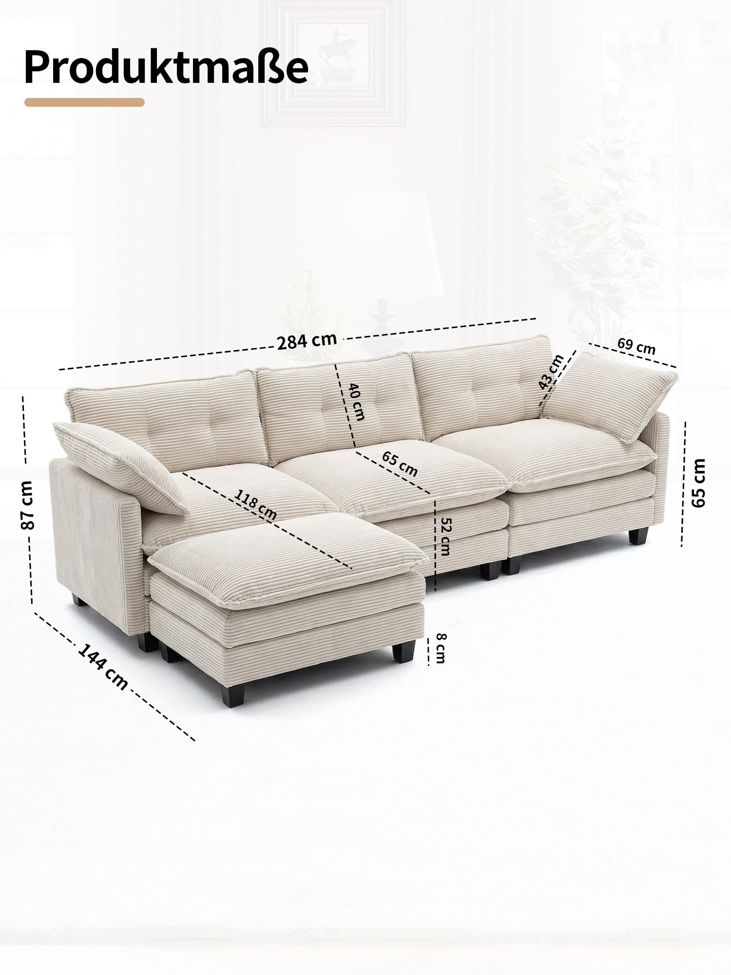 FiveWillowise Loungesofa 3-Sitzer Sofa mit Hocker, höhenverstellbar, Cord, 1 Teile, L-Form Schlafsofa mit verschieblichem Hocker, 284x144x87 cm