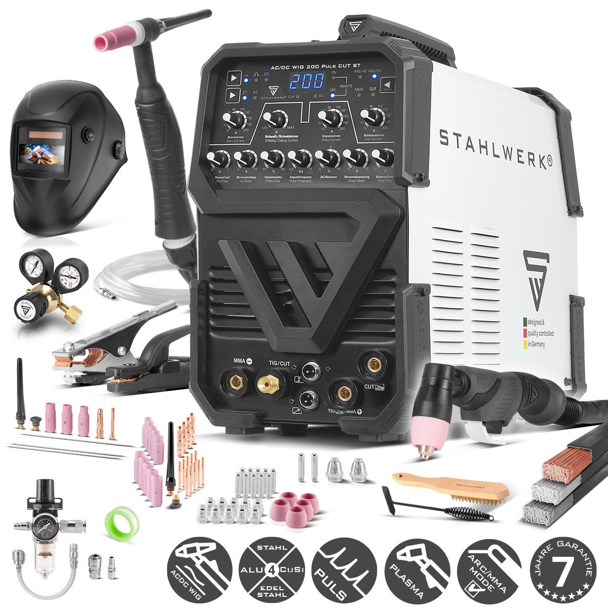 STAHLWERK Inverterschweißgerät AC/DC WIG 200 Puls CUT ST Vollausstattung, 10 - 200 A, Packung}, 20-tlg., Vollausstattung, Schweißgerät mit 200 A WIG & MMA, Alu & Dünnblech geeignet, Kombigerät