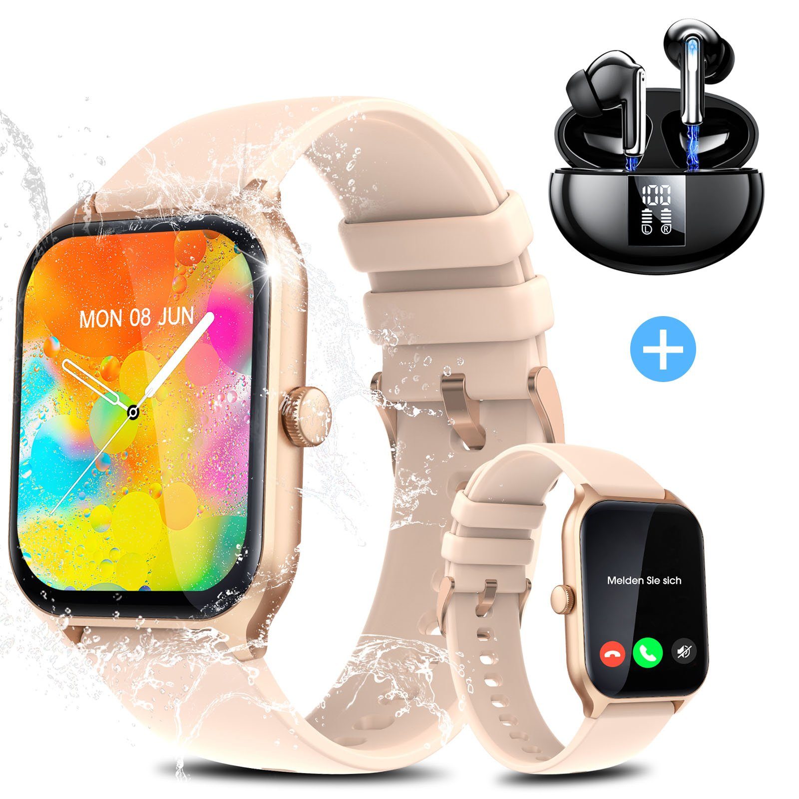 Yuede Smartwatch, Fitness Tracker uhr mit Anruffunktion für Damen und Herren Smartwatch (Quadratischer 1,96-Zoll-HD-Full-Touch-Farbdisplay Zoll) Bluetooth 5.3 Kopfhörer mit Aktive Rauschunterdrückung(ANC) Combo Fitnessuhr mit Anruffunktion, Gesundheits-Uhren mit Blutsauerstoff, Blutdruckmessung, Herzfrequenz, Schlafqualität, Schrittzähler, AI Voice und SNS-Benachrichtigung etc., IP67 Wasserdichte Sportuhr mit mehr als 100 Sportmodi, für Android IOS