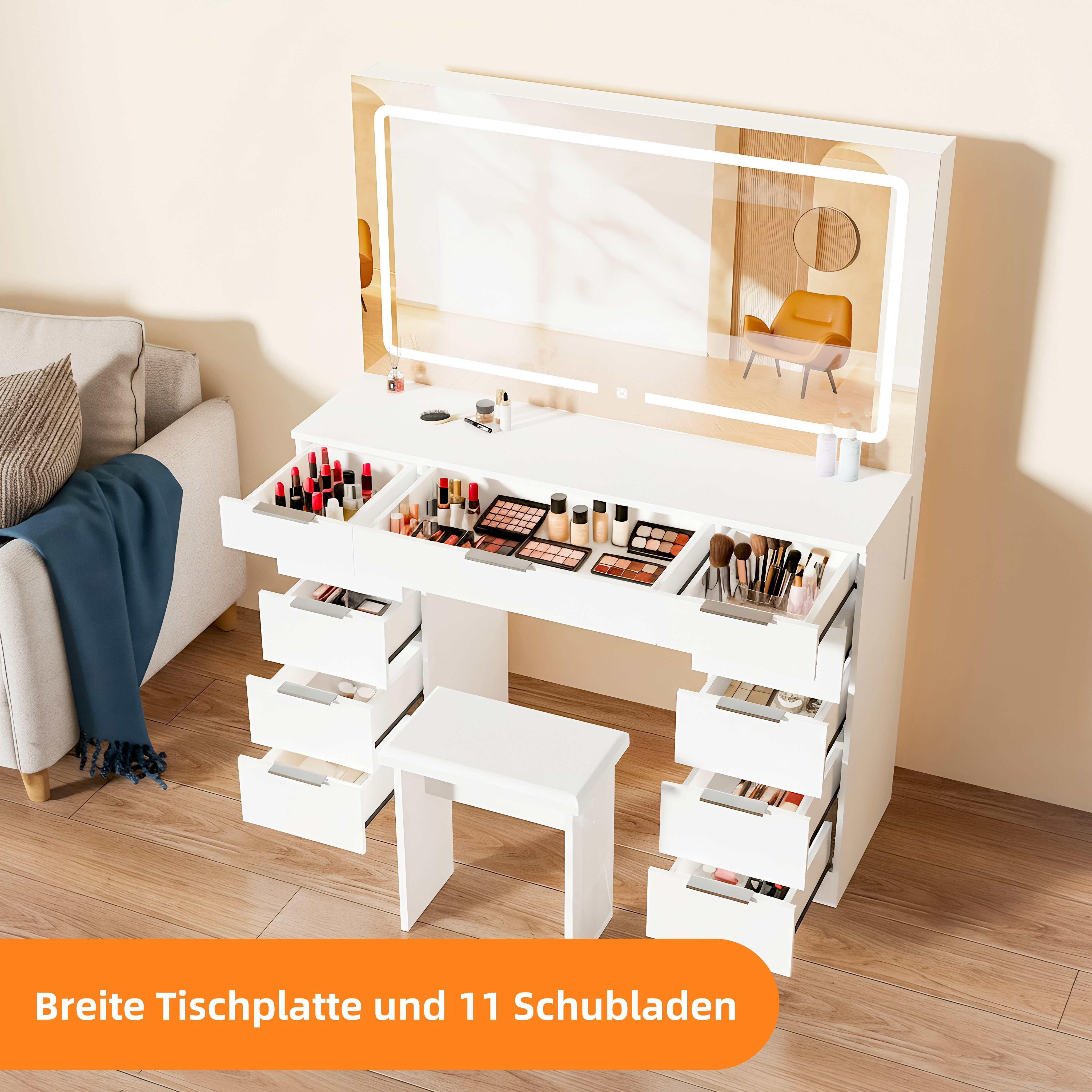 oyajia Schminktisch Kosmetiktisch mit Hocker & LED-Beleuchtung (Einstellbare drei Farbtemperaturen, um Ihr perfektes Make-up zu präsentieren), Mit 11 Schubladen,Steckdosen,Großer Spiegel