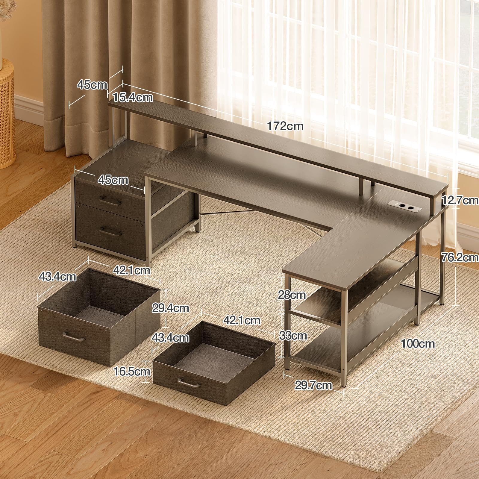 ODK Schreibtisch U-Form, mit Schubladen, Steckdosen & USB-Ladeanschluss (1-St), Gamingtisch mit Monitorständer & Stauraum 172 x100 x 89 cm