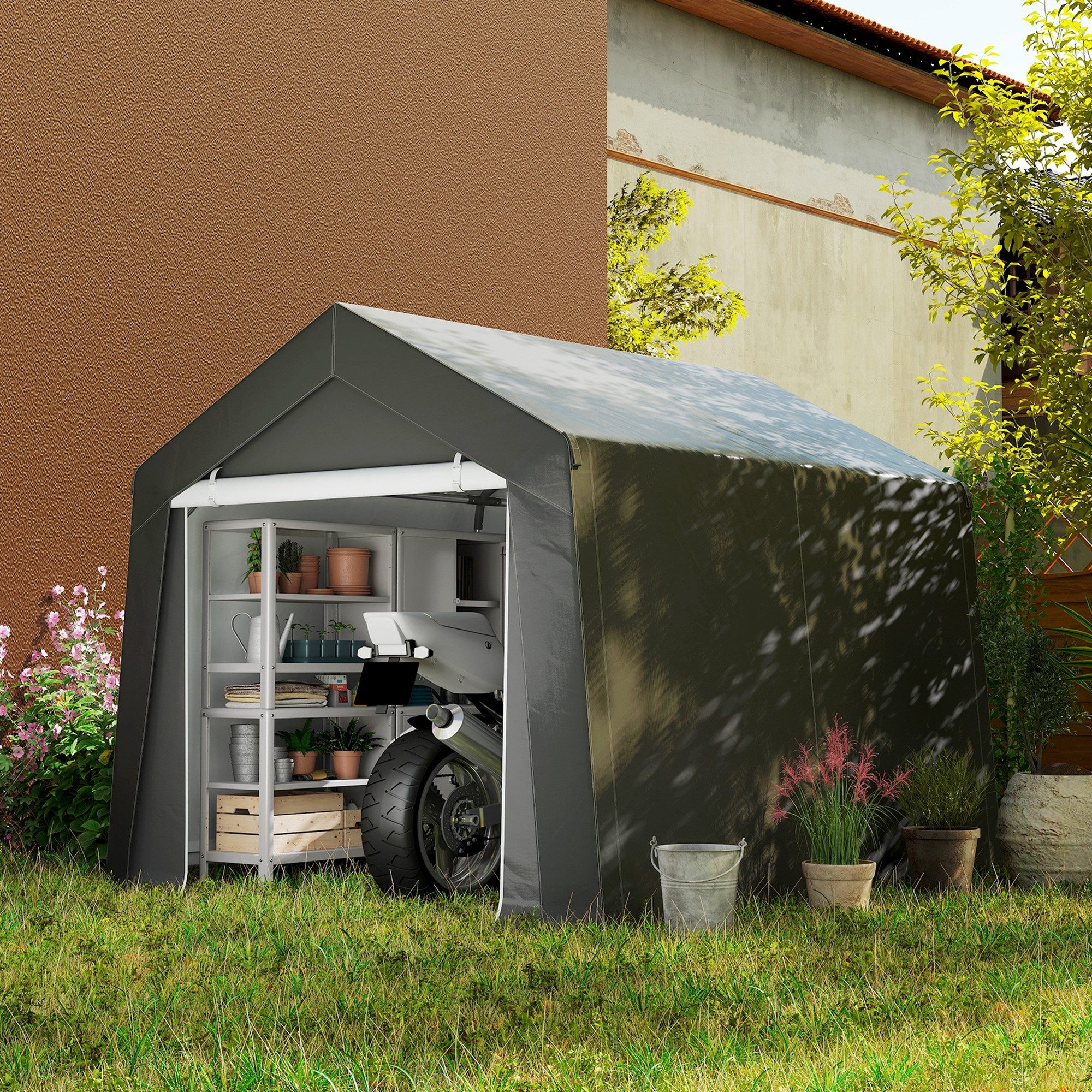 Outsunny Gerätezelt Garagenzelt Wasserdicht mit Rolltür Lagerzelt, Personen: 1 (Zeltgarage, 1 tlg., Carport), für Auto SUV Boote LKW Dunkelgrau