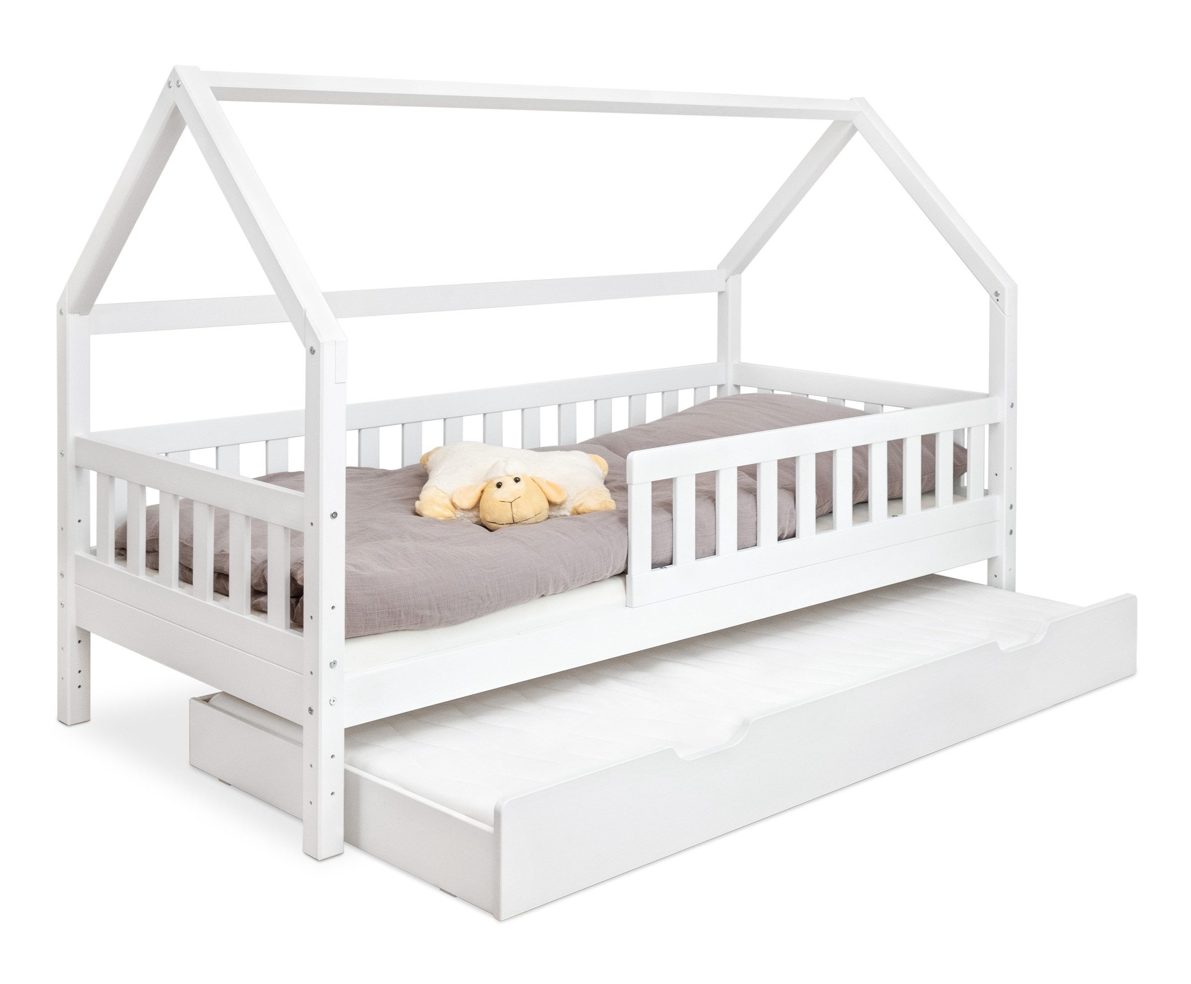 Ehrenkind Hausbett Lille aus massivem Kiefernholz (mit abnehmbarem Rausfallschutz aus massivem Holz, Erhältlich in Natur und Weiß Kinderbett 80x160/90x200 cm), höhenverstellbar, nachhaltiges Kiefernholz, hergestellt in Europa