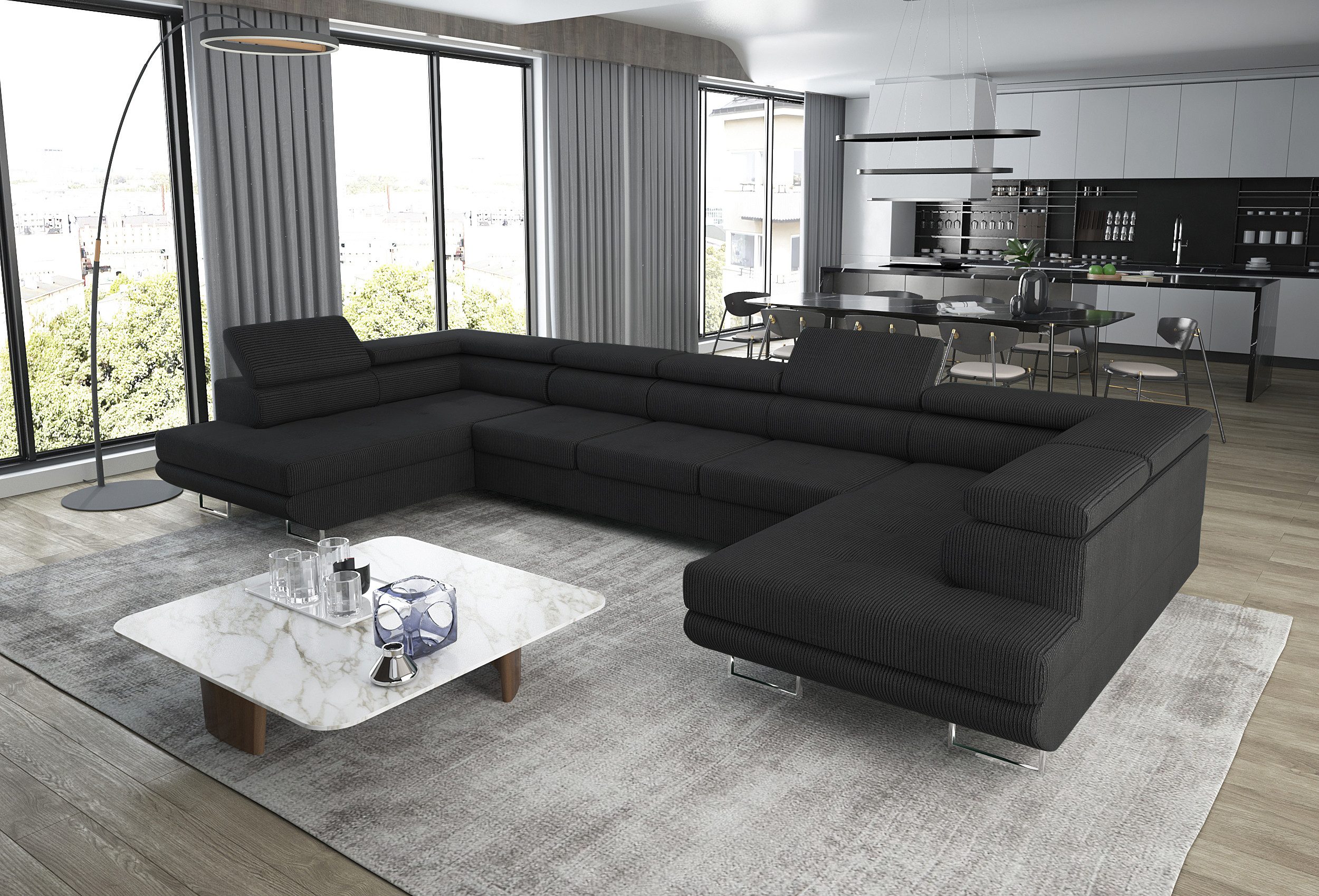 thematys Ecksofa Aston U 403 x 203cm mit Schlaffunktion & Bettkasten –, U-Sofa mit verstellbaren Kopfstützen, Samt (Monolotith), oder Cord (Poso), - U-Form, XL-Wohnlandschaft, 390 cm breit