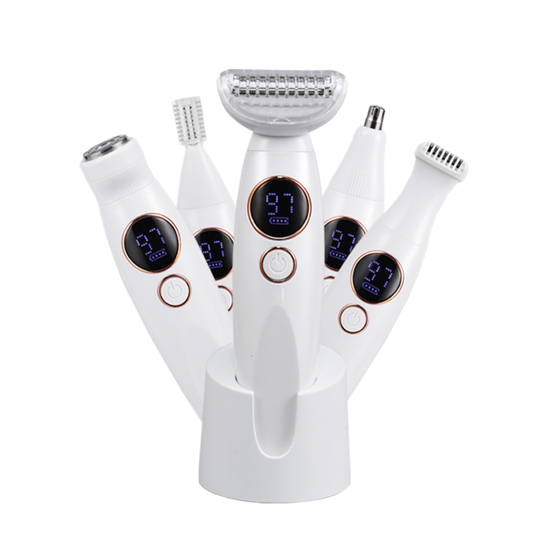 KINSI Elektrogesichtshaarentferner 5-in-1 Elektrischer Haarentferner Damen,Multifunktions Trimmer Set, Aufsätze: 5, Kurzhaarrasierkopf; Langhaartrimmerkopf; Nasenhaartrimmerkopf ; Augenbrauentrimmerkopf; Ganzkörper-Rundrasierkopf, IPX7 wasserdicht,für Achseln,Beine,Nasenhaare & Bikinizone