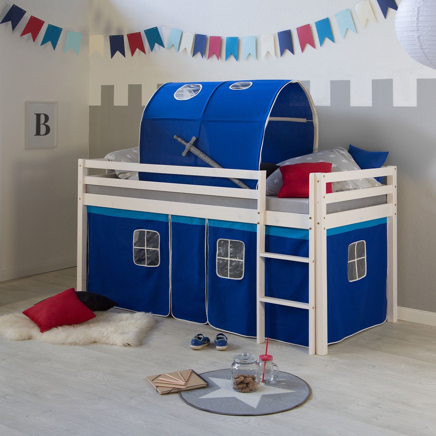 Homestyle4u Hochbett 90x200 Vorhang Blau 1560 günstig online kaufen