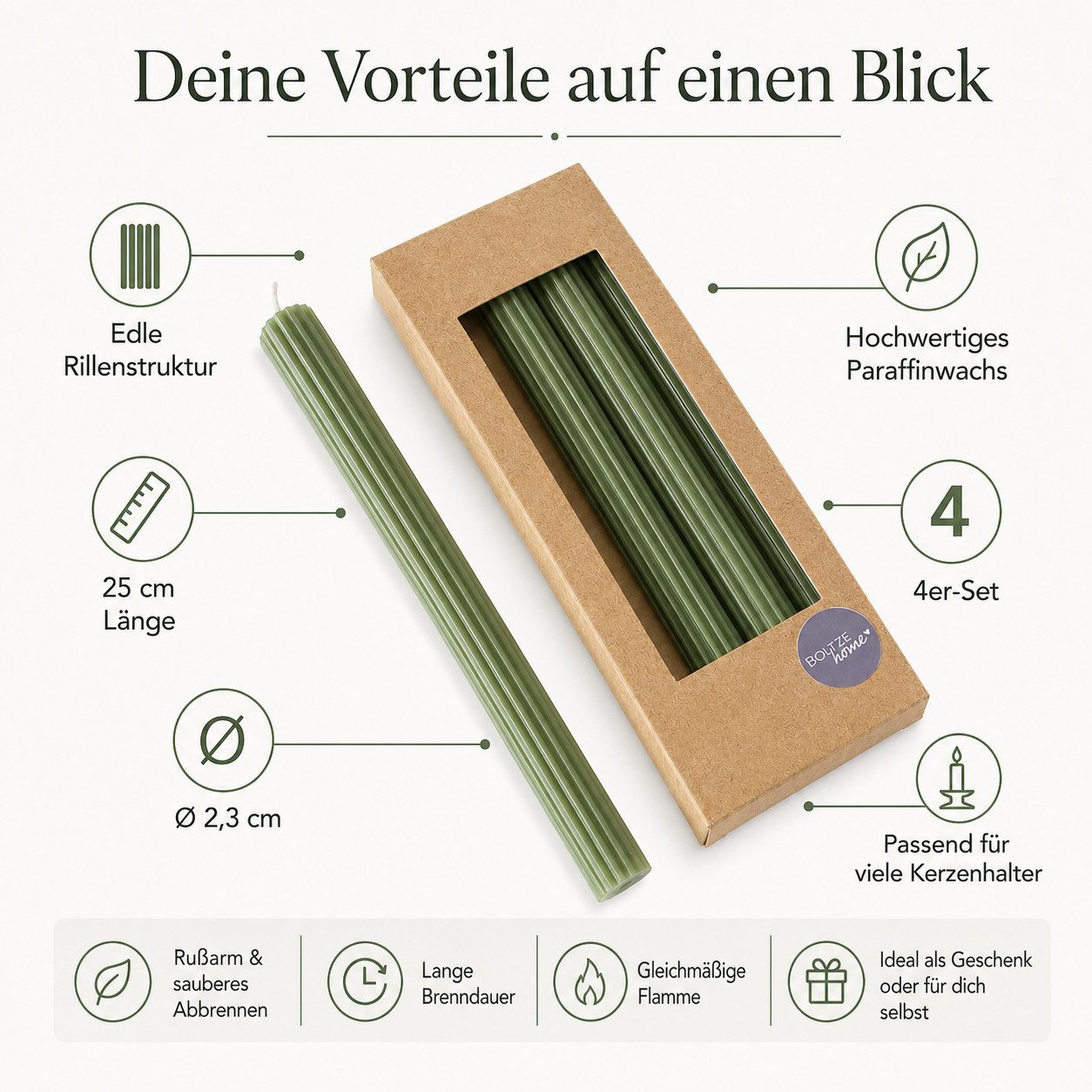 BOLTZE Tafelkerze Stabkerzen Klassik Grün 4er-Set mit Rillen 25 cm