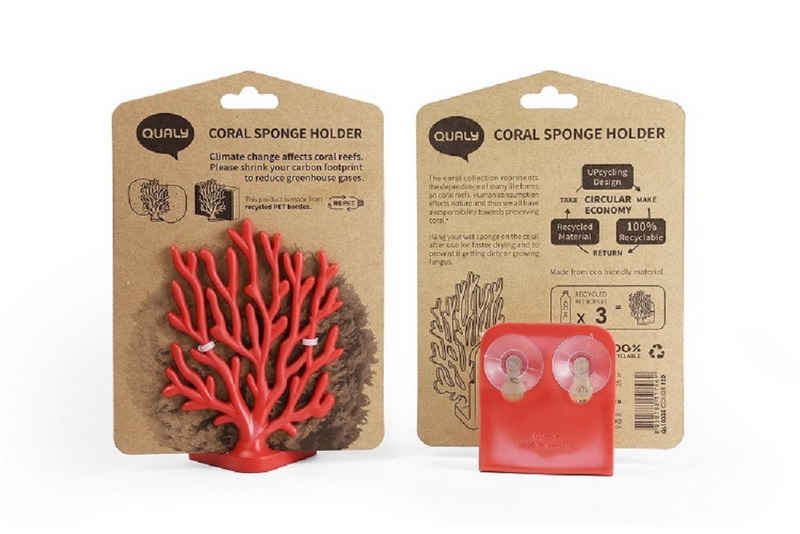 Qualy Design Schwammhalter Coral Koralle, (ca. 11 x 8 x 4,5 cm, 3-tlg., Halter, inkl. 2 Saugknöpfe), Kunststoff, hergestellt aus 3 recycelten 420 ml PET-Flaschen