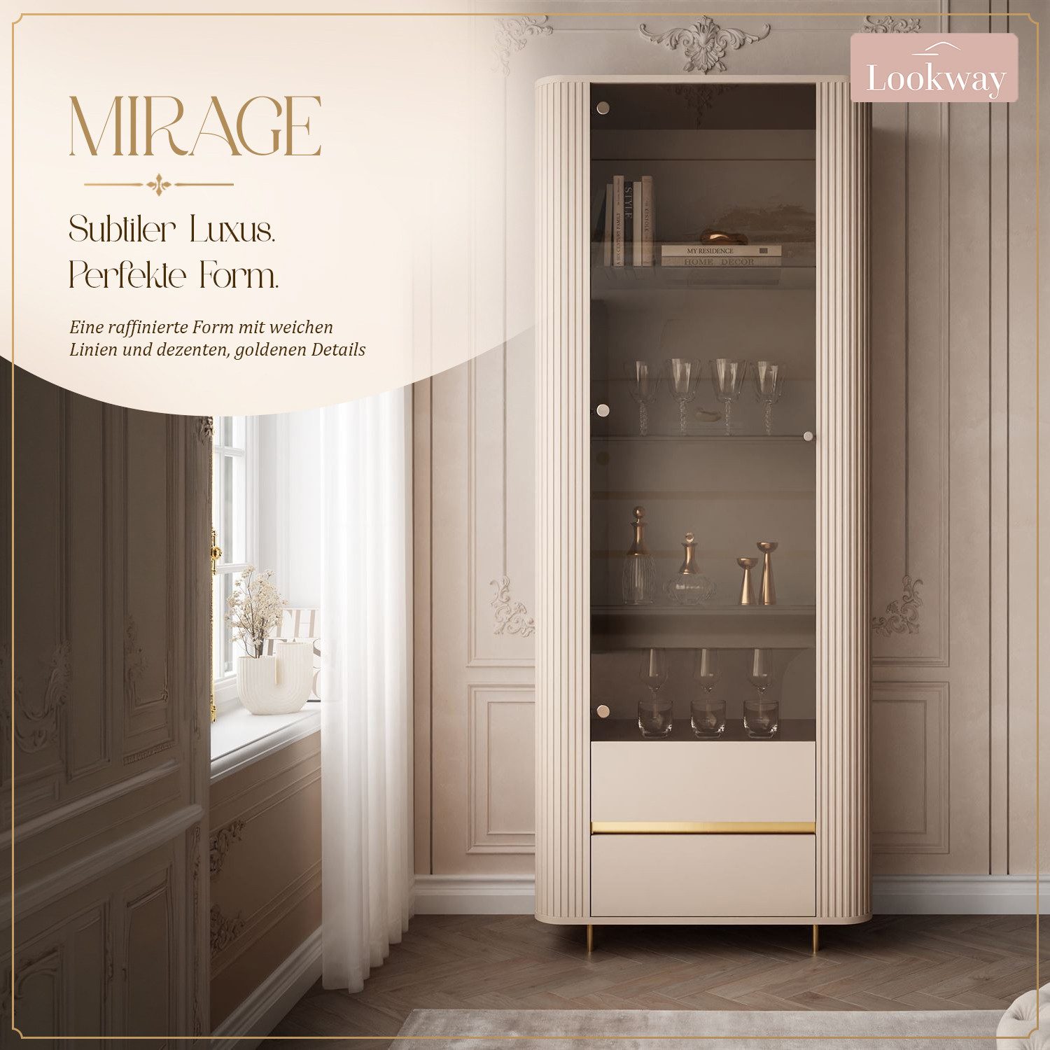 Lookway Glasvitrine MIRAGE GOLD mit LED-Beleuchtung und geriffelten Seiten 76x40x197 cm – Bild 3 von 5