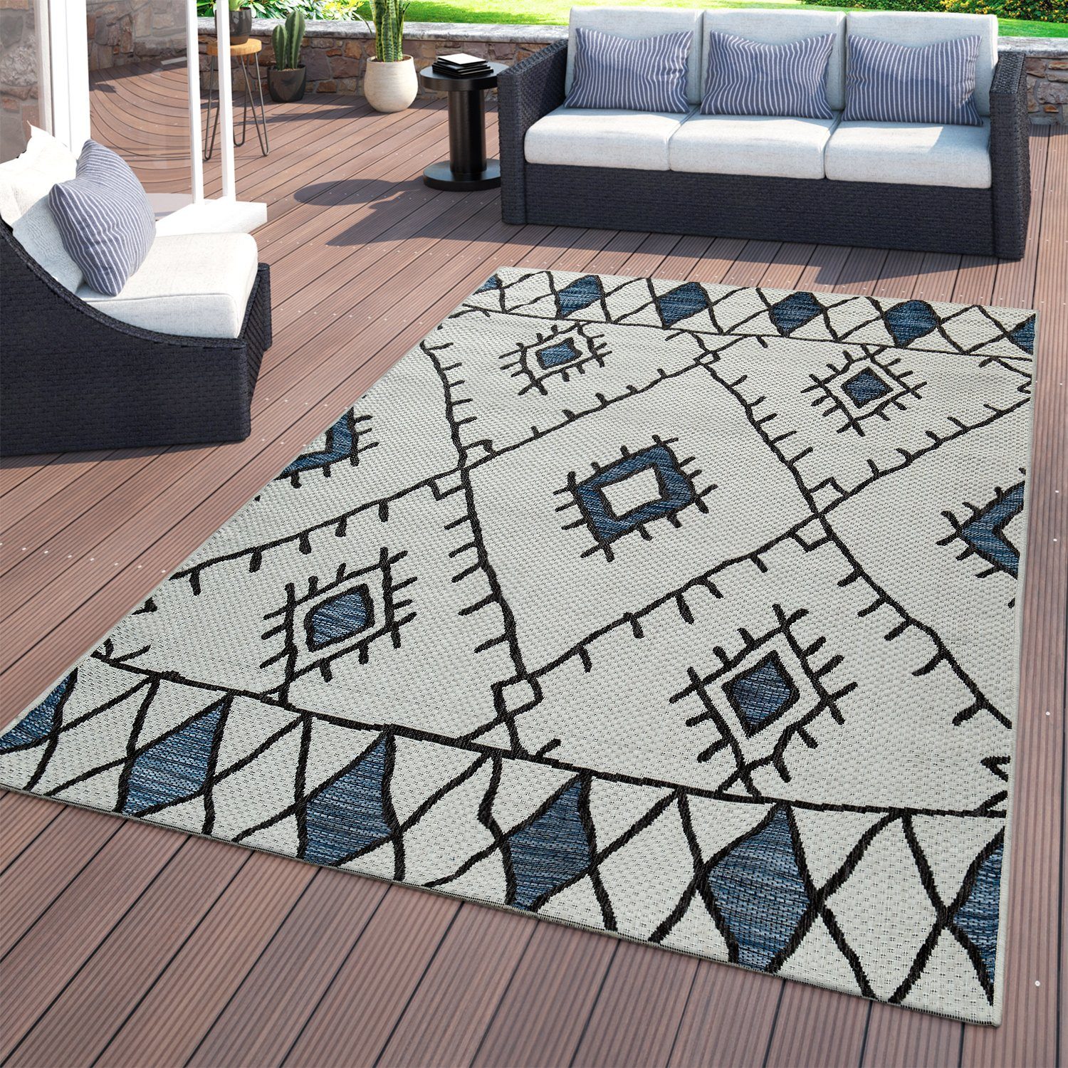 Höhe: & Flachgewebter Outdoorteppich 8 rechteckig, TT mm Ethno, Outdoor Teppich In- Home,