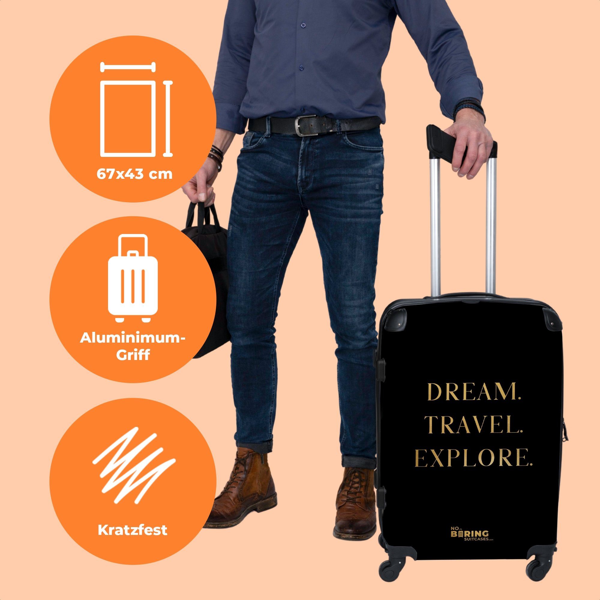 Rollkoffer 4 - 4 Koffer Rollen 67x43x25cm Aufgabegepäck - Große erkunden Zitate Reisen - NoBoringSuitcases.com© Gold - mit Rollen, - Reisekoffer Traumreise Schwarz, Trolley