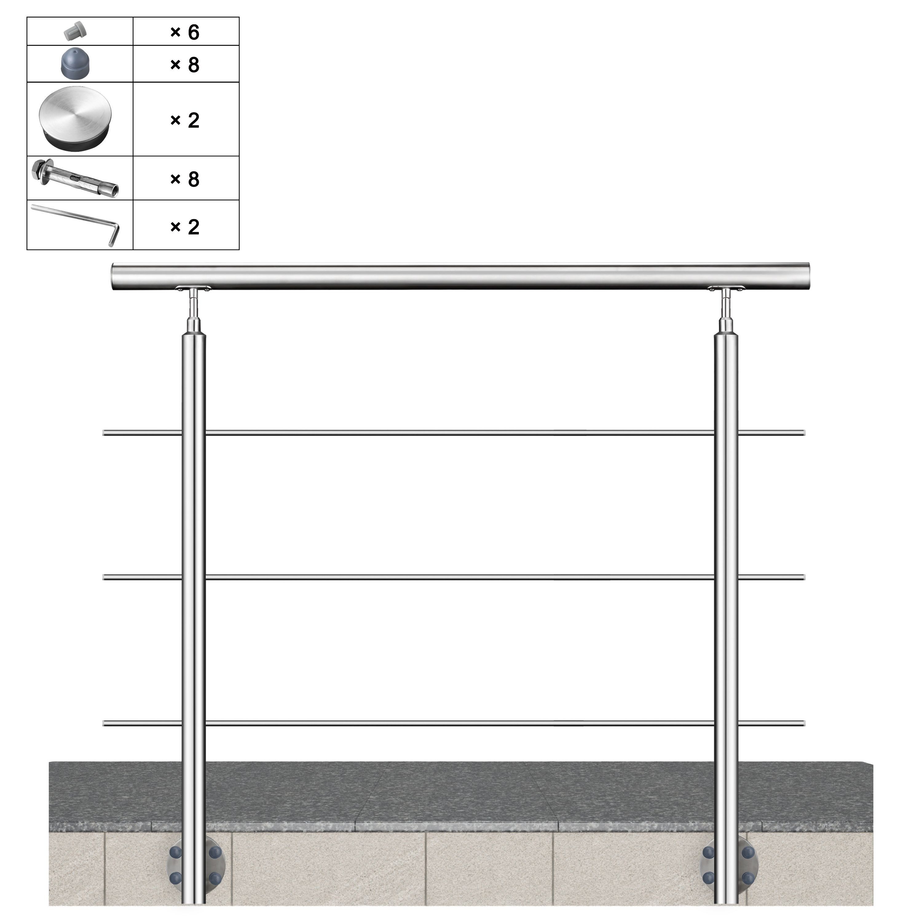 AICA Treppengeländer Geländer-Set aus Edelstahl 304 Seitenmontage Verlängerbar L 100-240 cm, 100 cm Länge, Packung, 3-tlg., V2A, höhen- und winkelverstellbar, wahlweise mit 3 oder 5 Querstreben