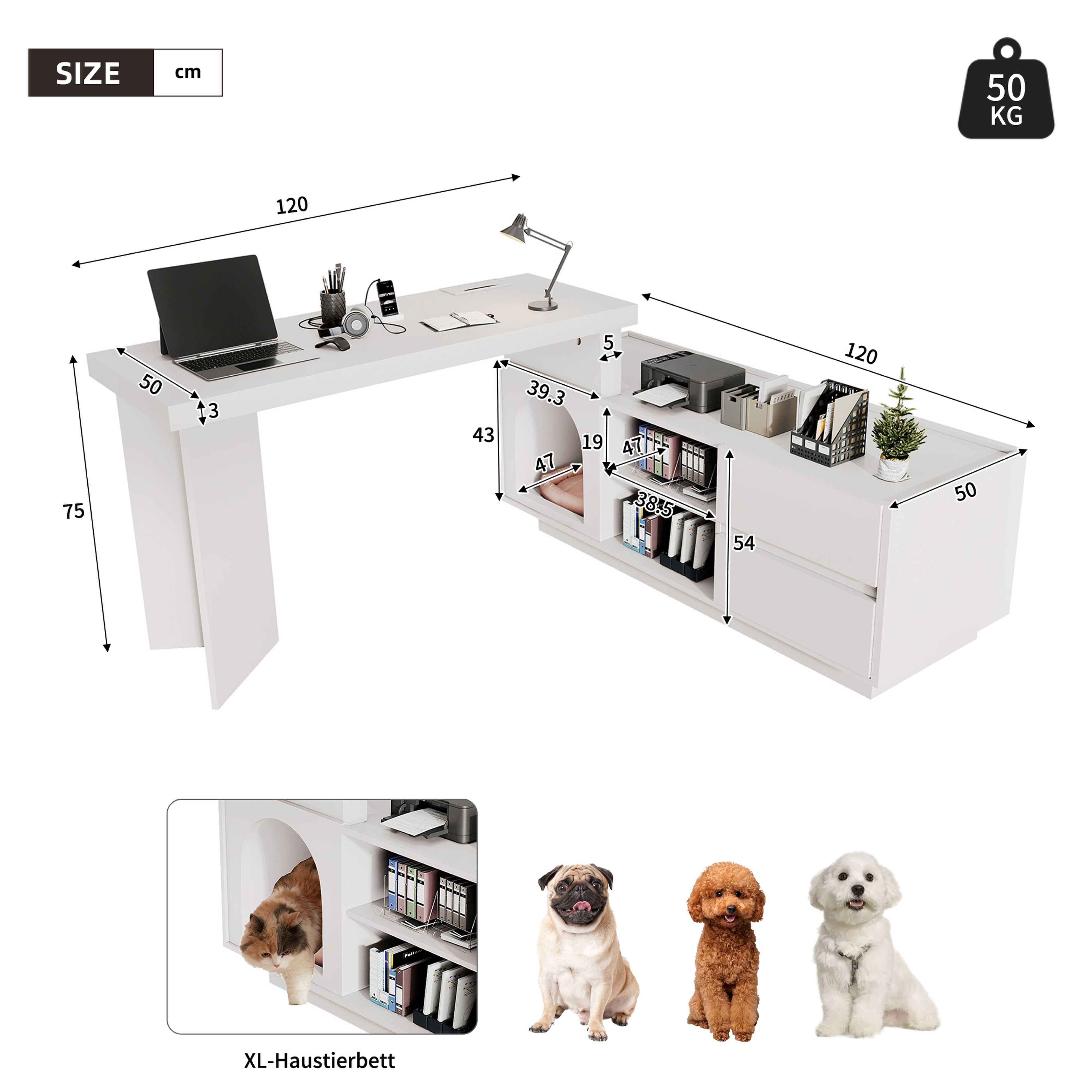 BlingBin Eckschreibtisch (1-St., Multifunktionaler Schreibtisch mit Rückzugsort für Haustiere), 120×50 cm, ideal für Homeoffice mit Katze oder Hund