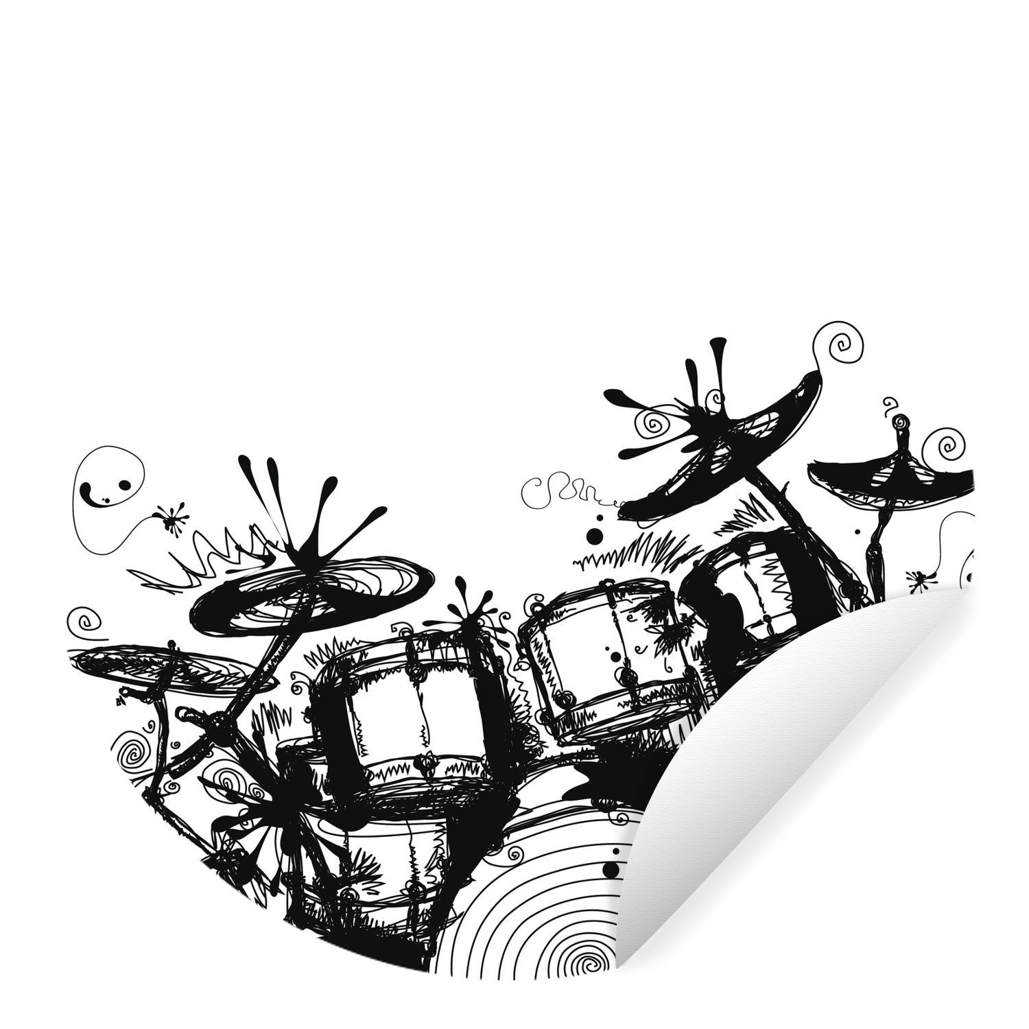 MuchoWow Wandsticker Schwarze und weiße Illustration eines Schlagzeugs (1 St), Tapetenkreis für Kinderzimmer, Tapetenaufkleber, Rund, Wohnzimmer