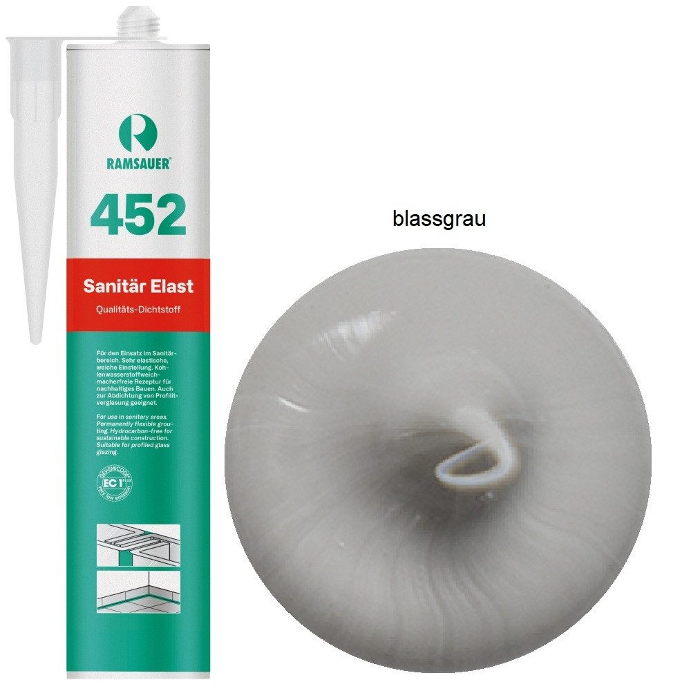 Ramsauer Dichtstoff Ramsauer 452 Sanitär Elast Silikondichtstoff 310ml Kartusche Blassgrau, gebrauchsfertig, Gute Haftung auf glatten Oberflächen, Innen und Aussen